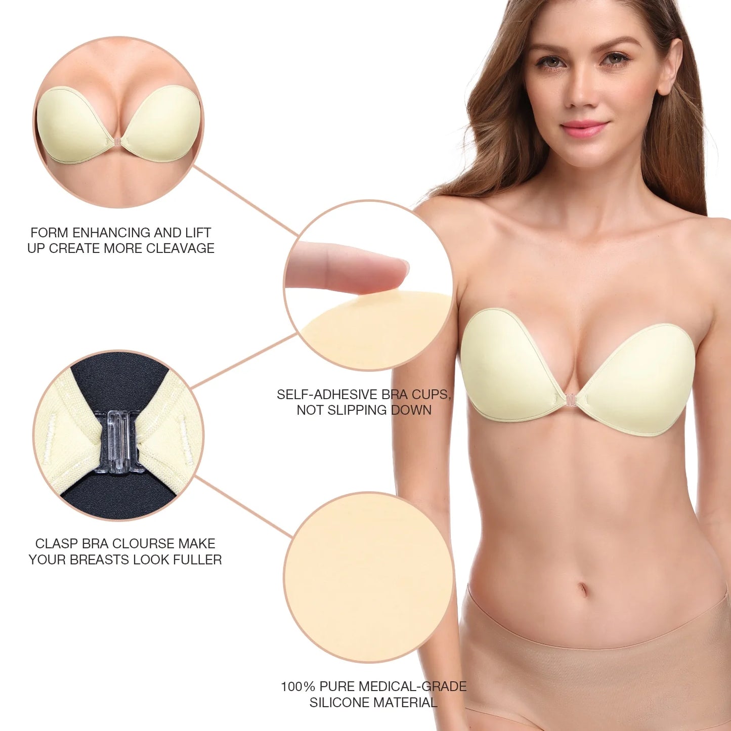 Wingslove Adhesive Bra Reusable Backless Strapless Push-up Silicone Invisible Sticky Bras for Backless Dress,Ivory