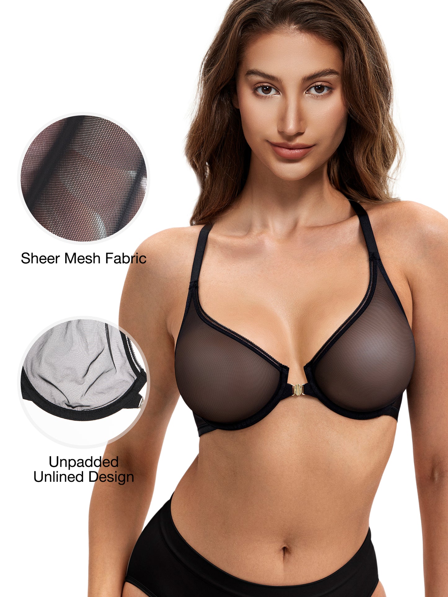 Wingslove Women's Front Closure Sheer See Through Bra Racerback Unlined Underwire Bras for Everyday
