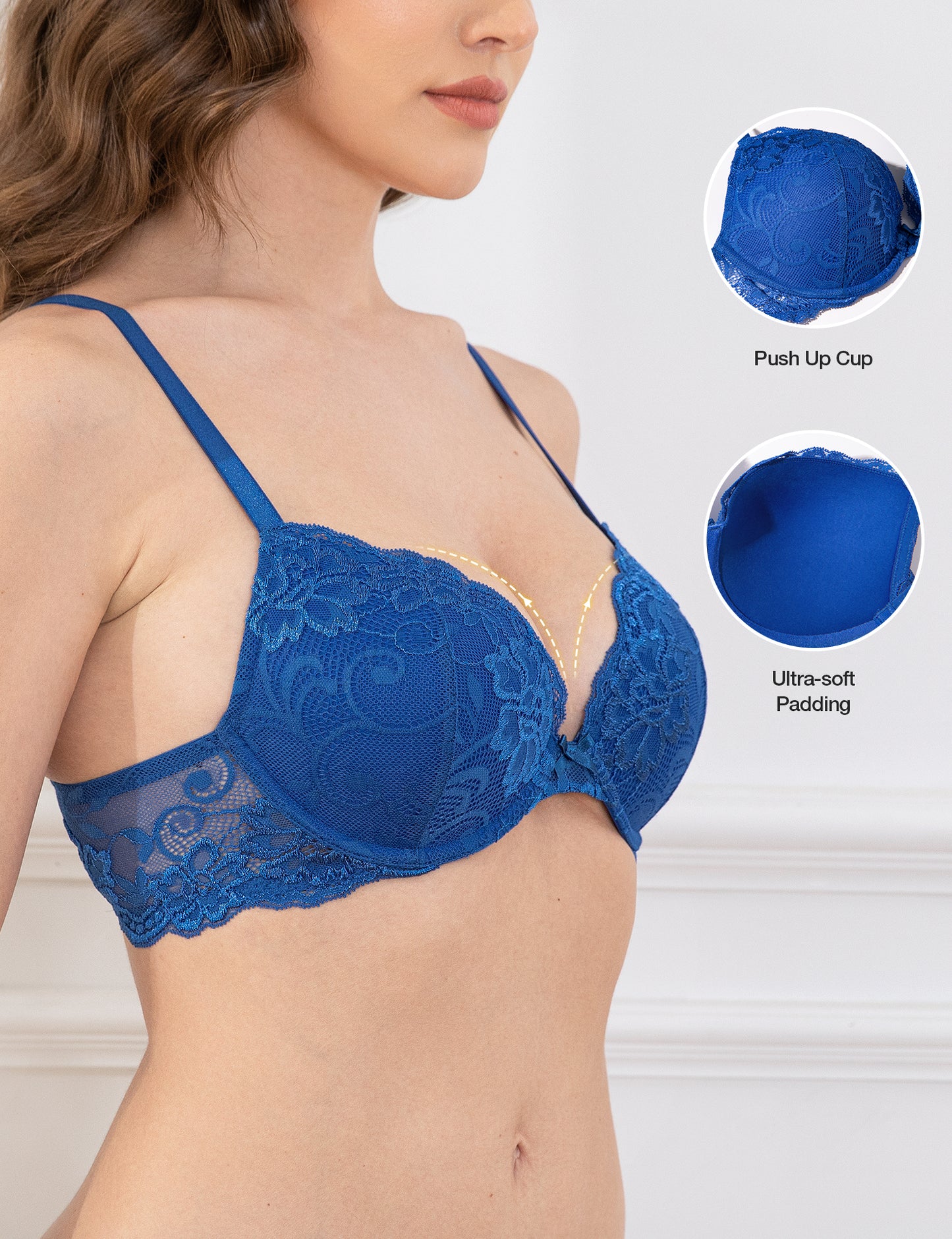 Deyllo Women's Lace Push Up Bra Plus Size Plunge Padded Underwire Add Cups Lift Up Bra,Blue