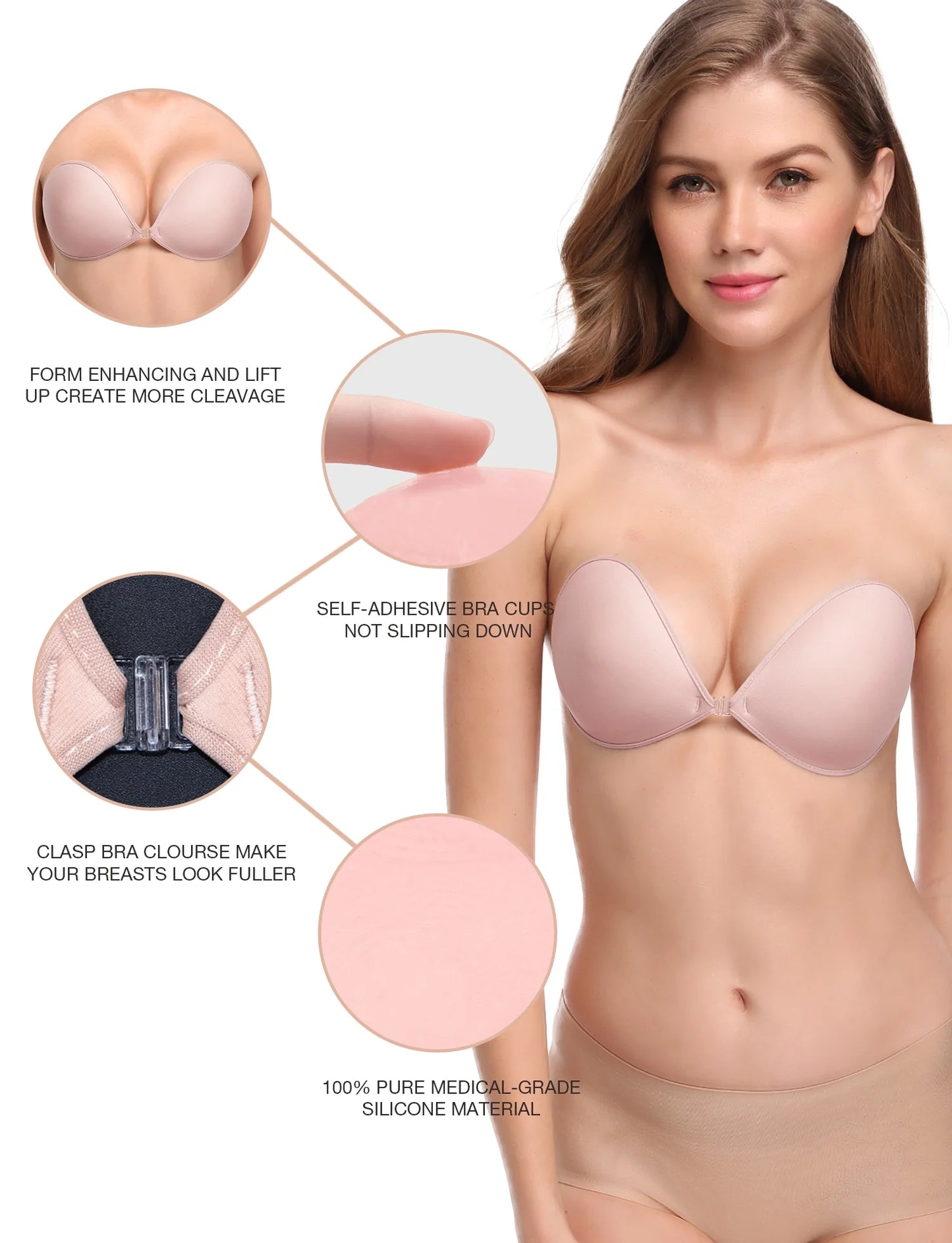 Wingslove Adhesive Bra Reusable Backless Strapless Push-up Silicone Invisible Sticky Bras for Backless Dress,Light Pink
