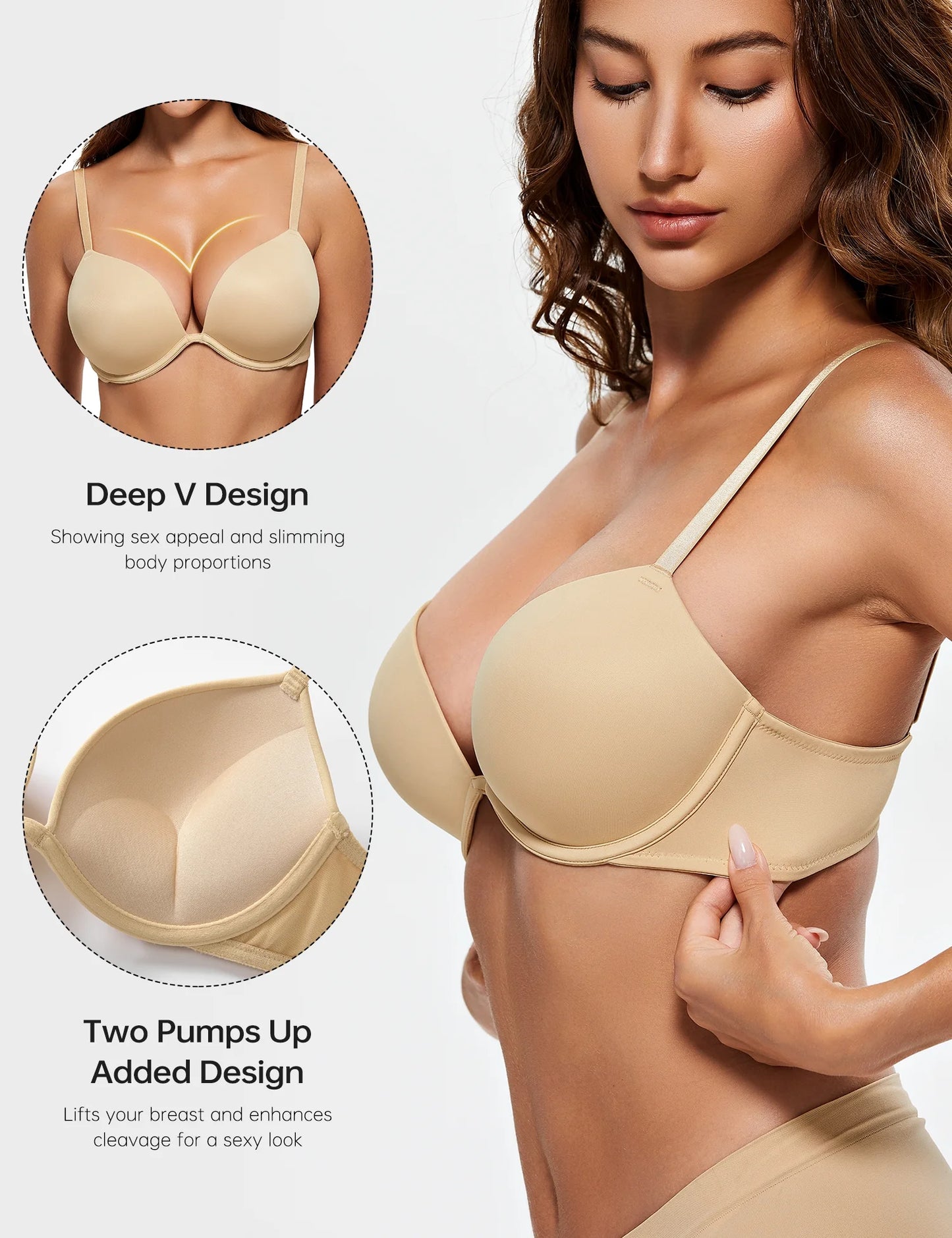 Wingslove Womens Push-up Bra Deep V Plunge Underwire T-Shirt Bra, Nude