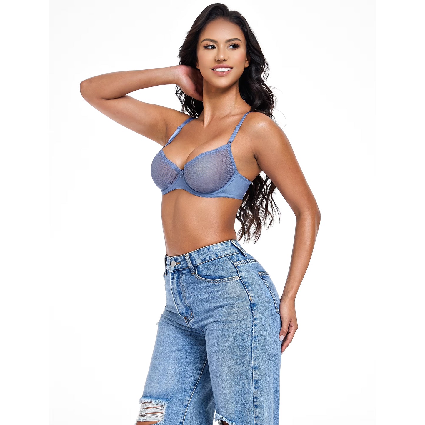 Wingslove Women's Sexy 1/2 Cup Lace Bra Balconette Mesh Underwired Demi Shelf Bra Unlined See Through Bralette,Blue