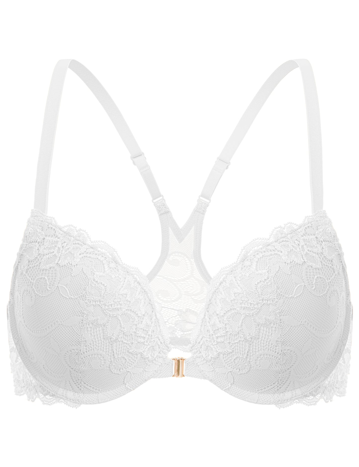Deyllo Women's Lace Front Clourse Push Up Bra Padded Plunge Underwire Racerback Bra, White