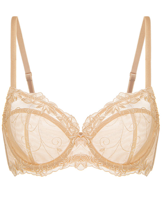 Deyllo Women's Push up Lace Bras Plus Size Unpadded Full Figue Underwire Support Demi See Though Bra, Beige