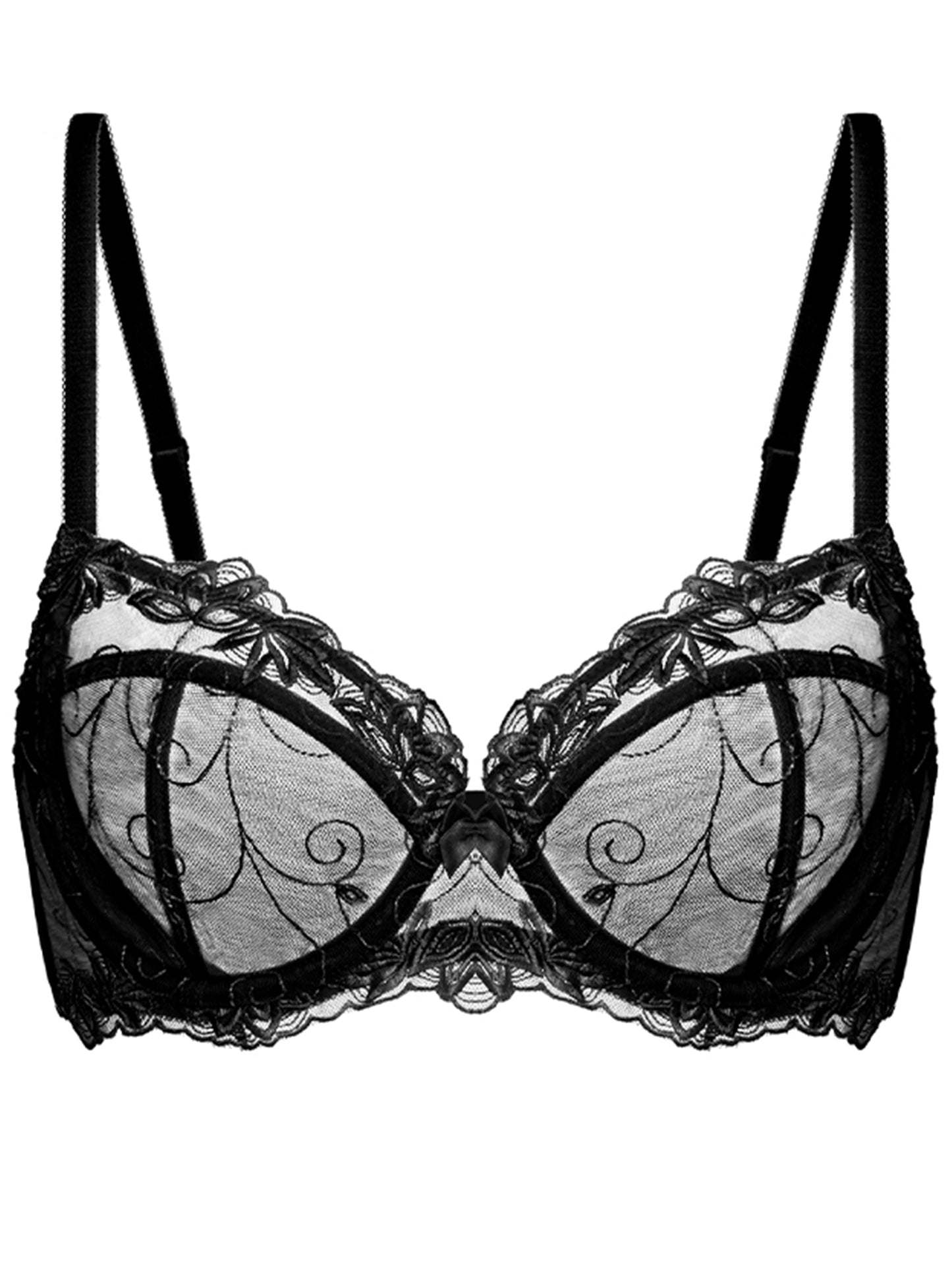 Deyllo Women's Push up Lace Bras Plus Size Unpadded Full Figue Underwire Support Demi See Though Bra,Black