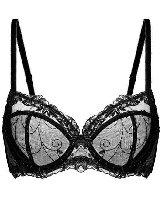 Deyllo Women's Push up Lace Bras Plus Size Unpadded Full Figue Underwire Support Demi See Though Bra,Black