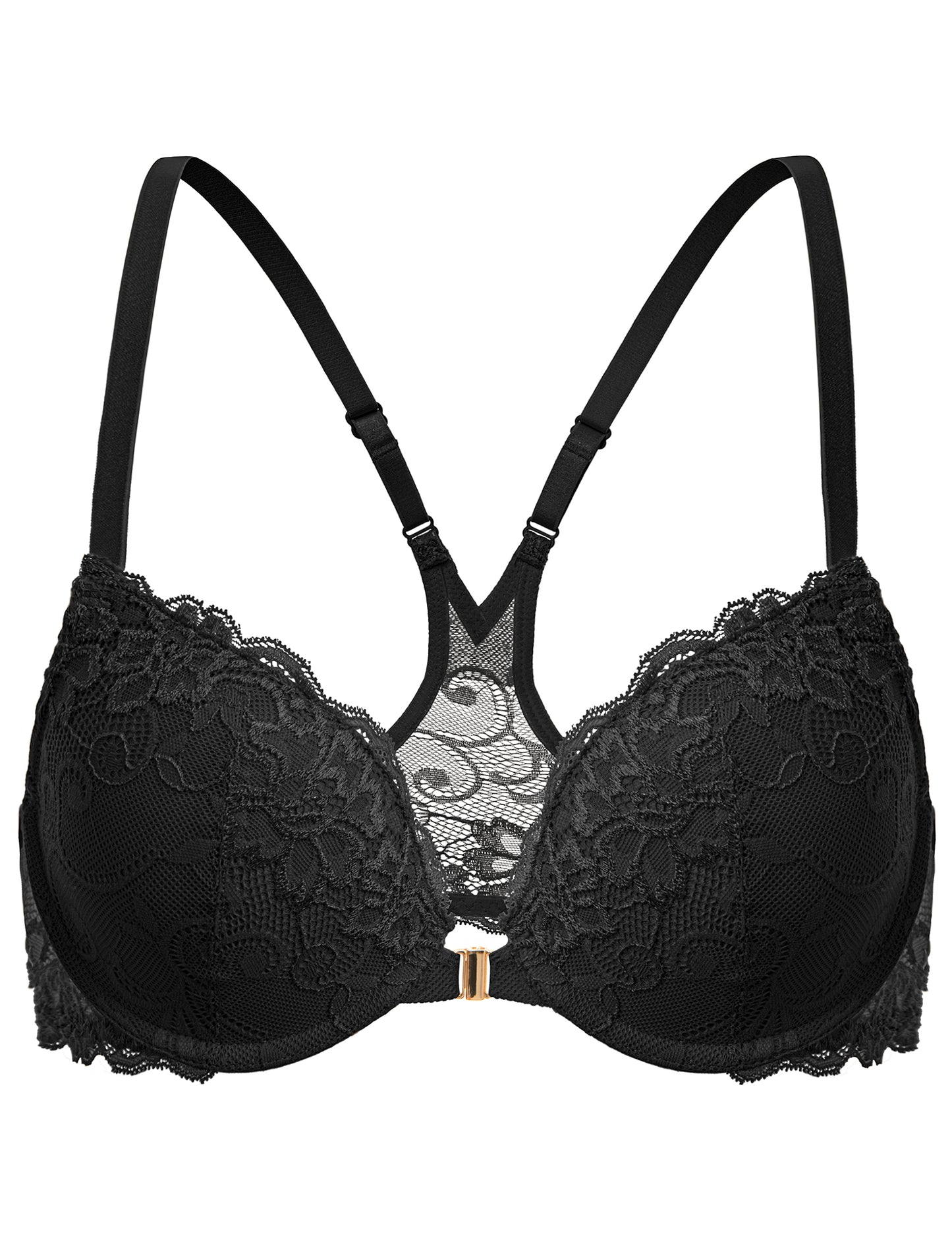 Deyllo Women's Lace Front Clourse Push Up Bra Padded Plunge Underwire Racerback Bra, Black