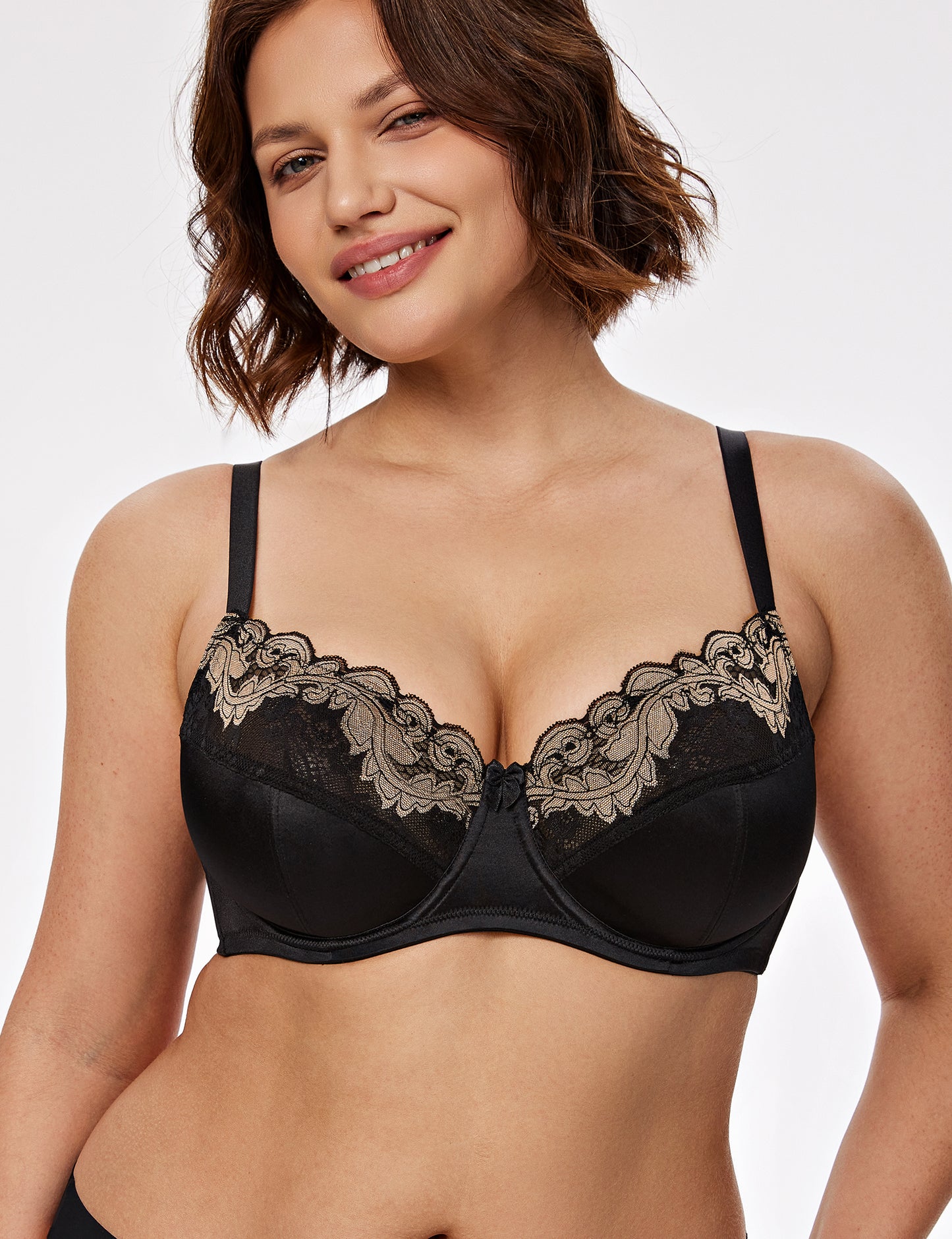 Deyllo Women Plus Size Bras Non-Padded Soft Full Figure Bra Unlined Lace Black Underwire Bralette Bra