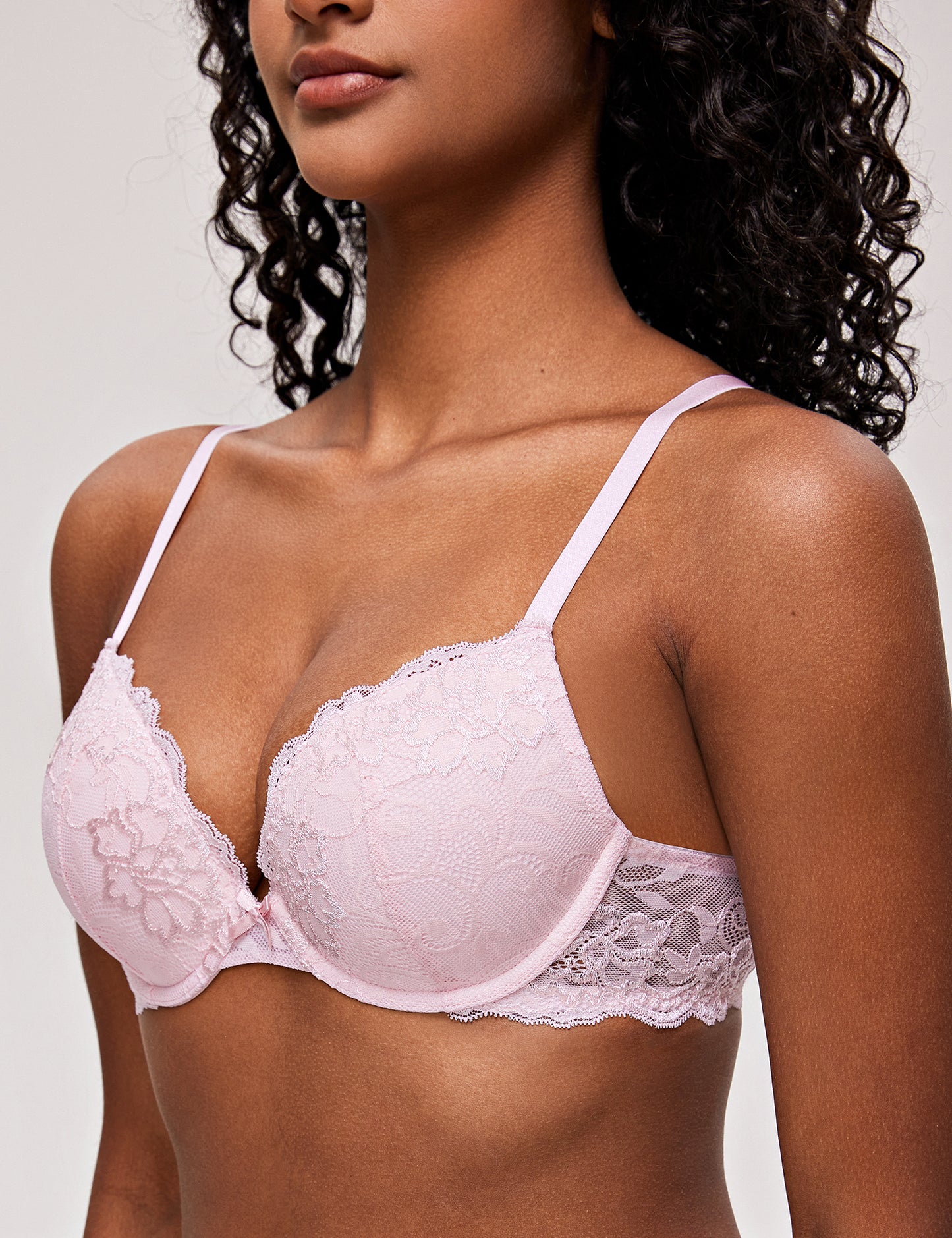 Deyllo Women's Lace Push Up Bra Plus Size Plunge Padded Underwire Add Cups Lift Up Bra,Light Pink