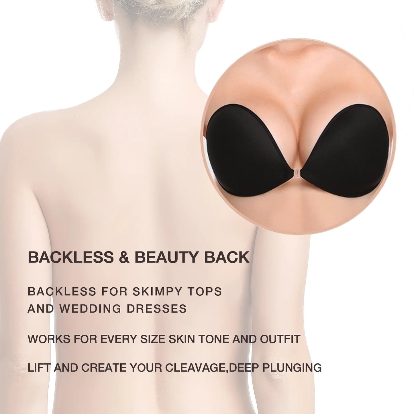 Wingslove Adhesive Bra Reusable Backless Strapless Push-up Silicone Invisible Sticky Bras for Backless Dress,Black