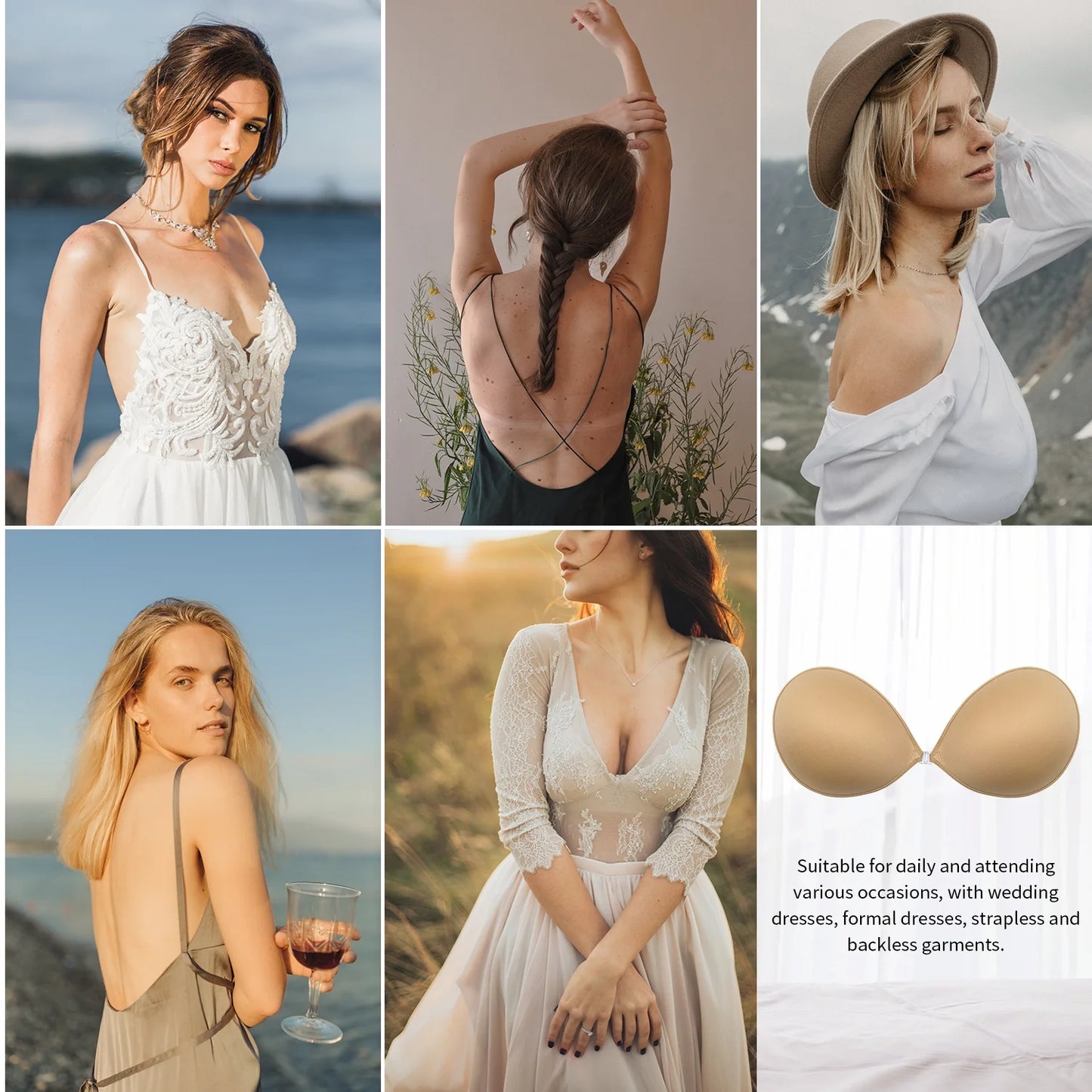 Wingslove Adhesive Bra Reusable Backless Strapless Push-up Silicone Invisible Sticky Bras for Backless Dress,Beige