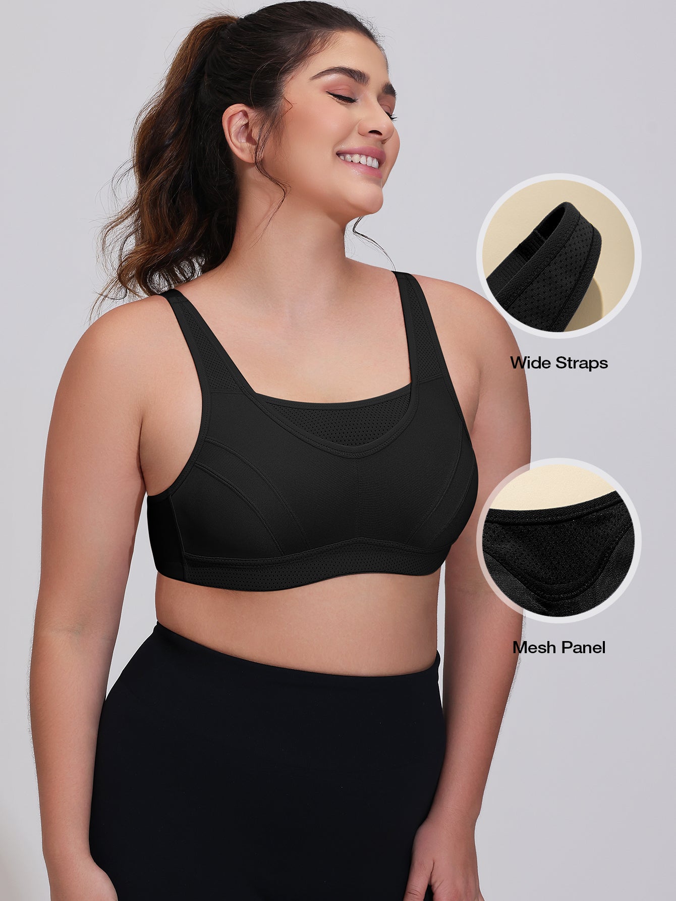 Wingslove Women's Sports Bra Full Coverage Wireless Bra Plus Size High Impact Non Padded Workout Bra,Black
