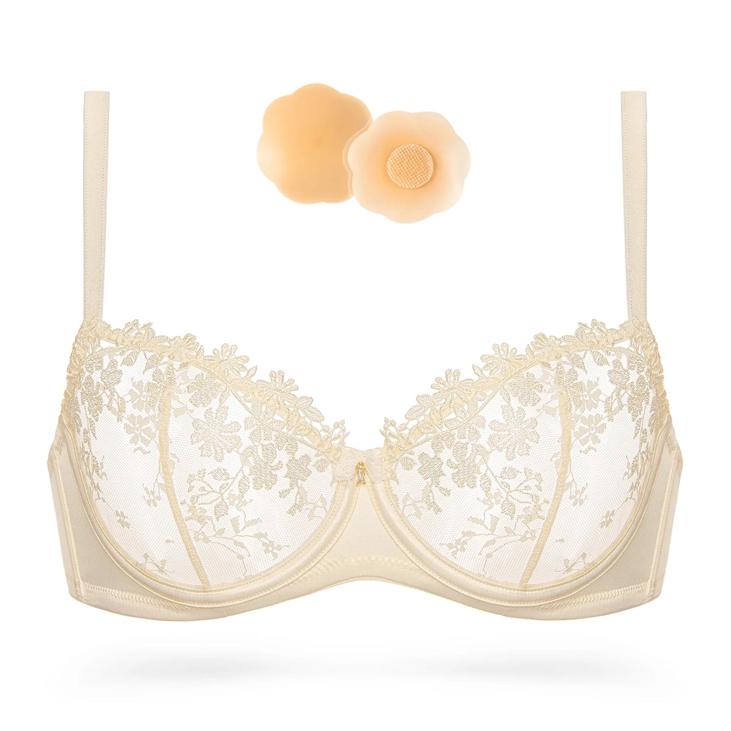Wingslove Women's Sexy Lace Sheer Bra Demi Mesh Balconette See Through Unlined Underwire with Silicone Nipple,Nude