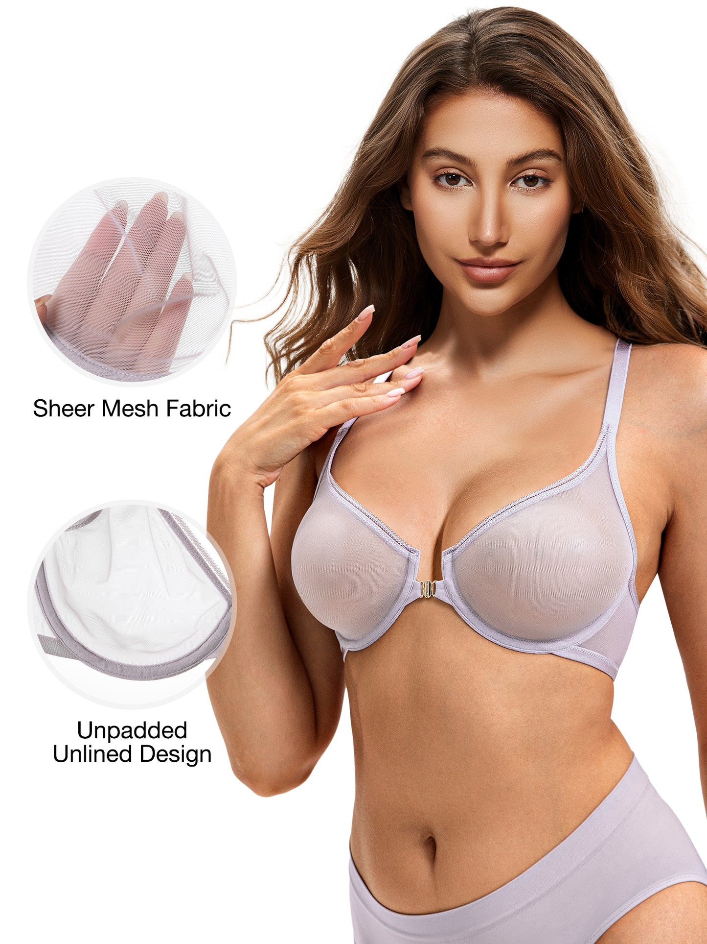 Wingslove Women's Front Closure Sheer See Through Bra Racerback Unlined Underwire Bras for Everyday