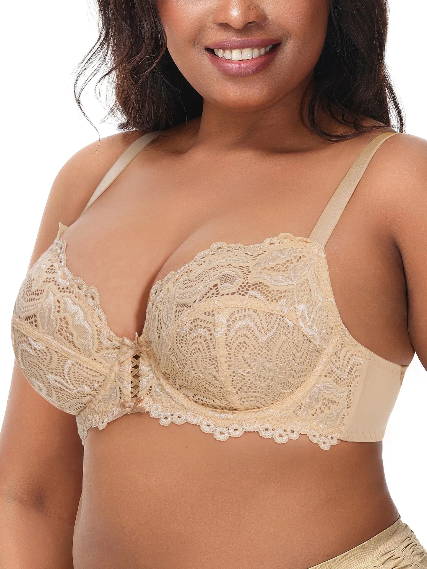 Deyllo Women's Sheer Lace Mesh Bra, Unlined Full Cup, Dark Beige