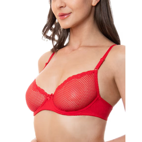 Wingslove Women's Sexy 1/2 Cup Lace Bra Balconette Mesh Underwired Demi Shelf Bra Unlined See Through Bralette,Red