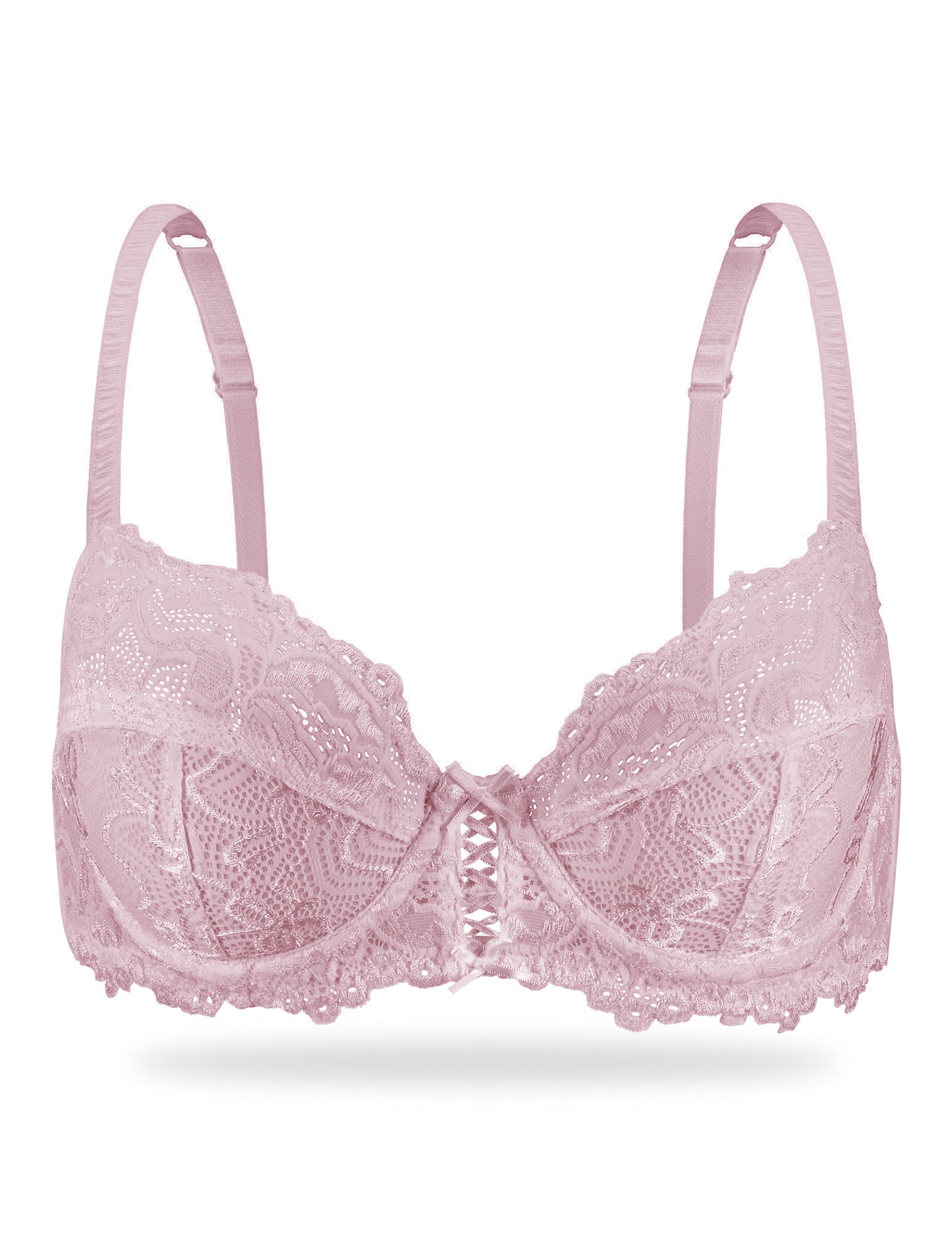 Deyllo Women's Sheer Lace Mesh Bra, Unlined Full Cup, Light Pink