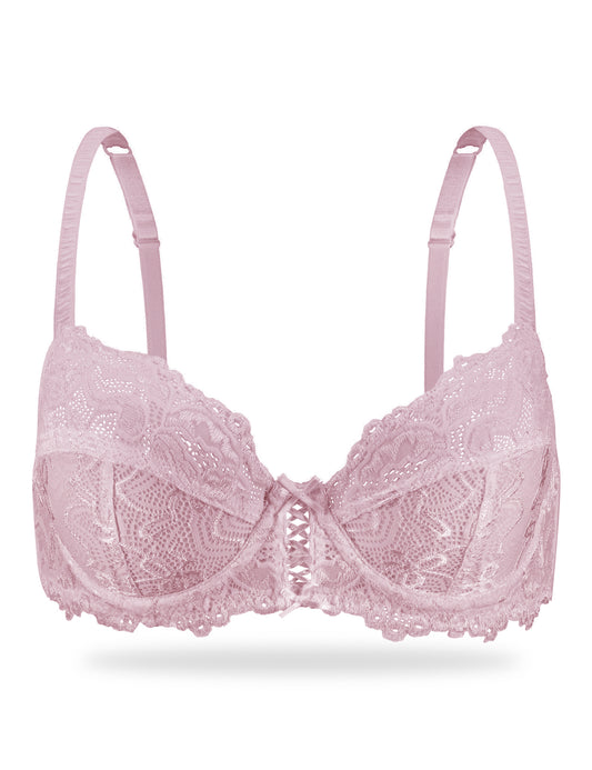 Deyllo Women's Sheer Lace Mesh Bra, Unlined Full Cup, Light Pink