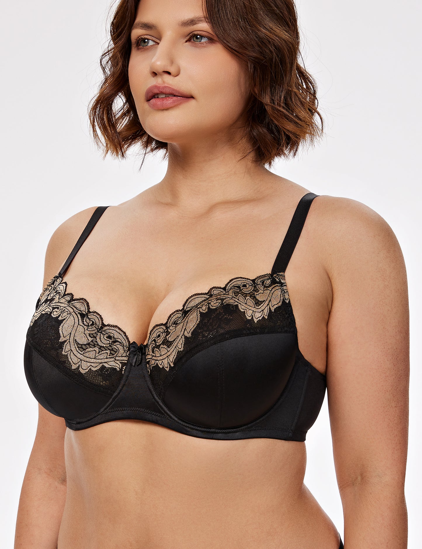 Deyllo Women Plus Size Bras Non-Padded Soft Full Figure Bra Unlined Lace Black Underwire Bralette Bra