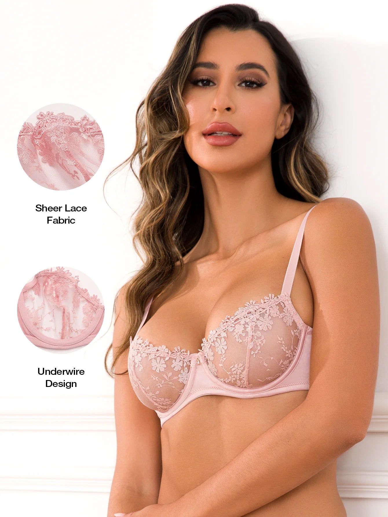 Wingslove Women's Sexy Lace Sheer Bra Demi Mesh Balconette See Through Unlined Underwire with Silicone Nipple, Pink