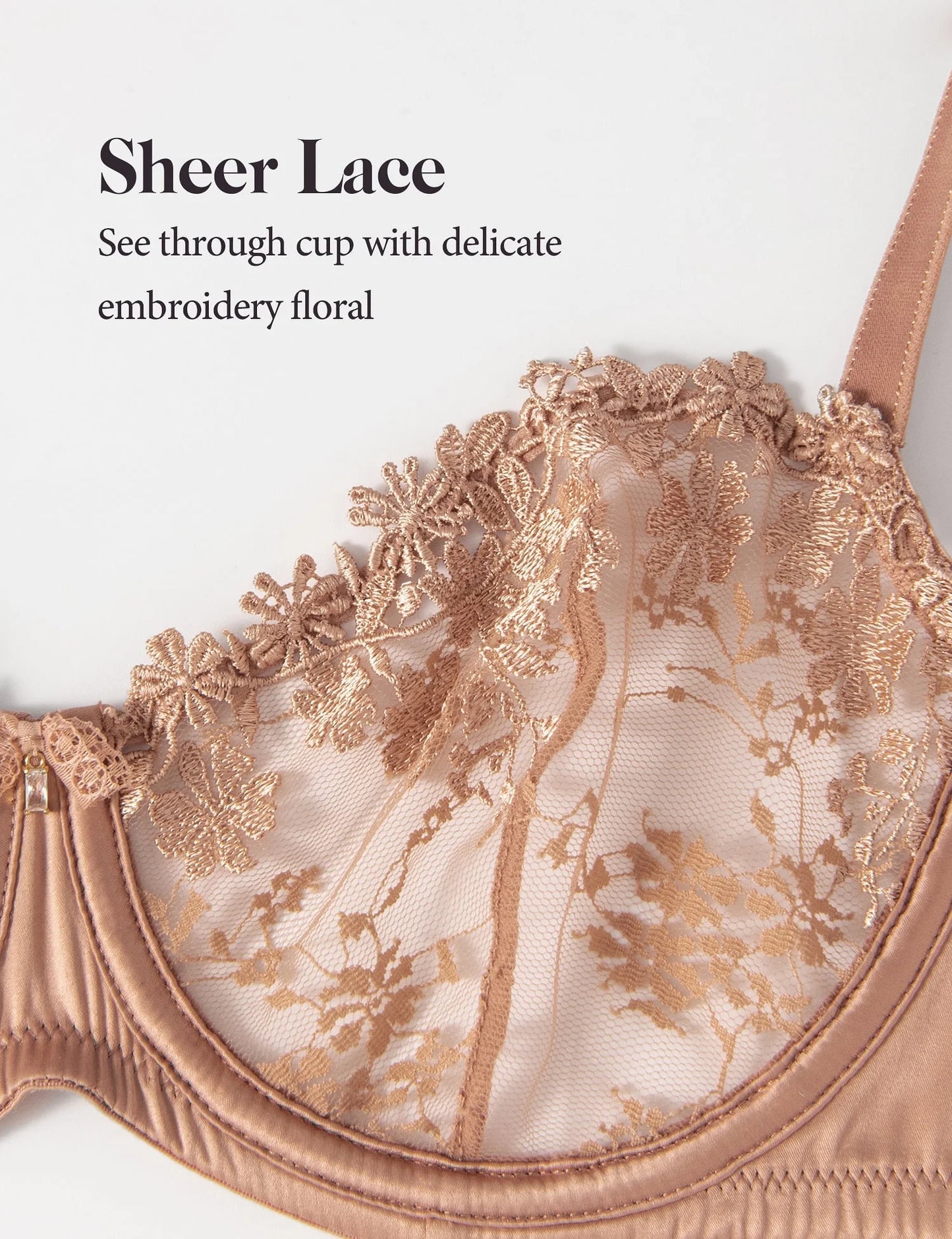 Wingslove Women's Sexy Lace Sheer Bra Demi Mesh Balconette See Through Unlined Underwire with Silicone Nipple,Milk Coffee