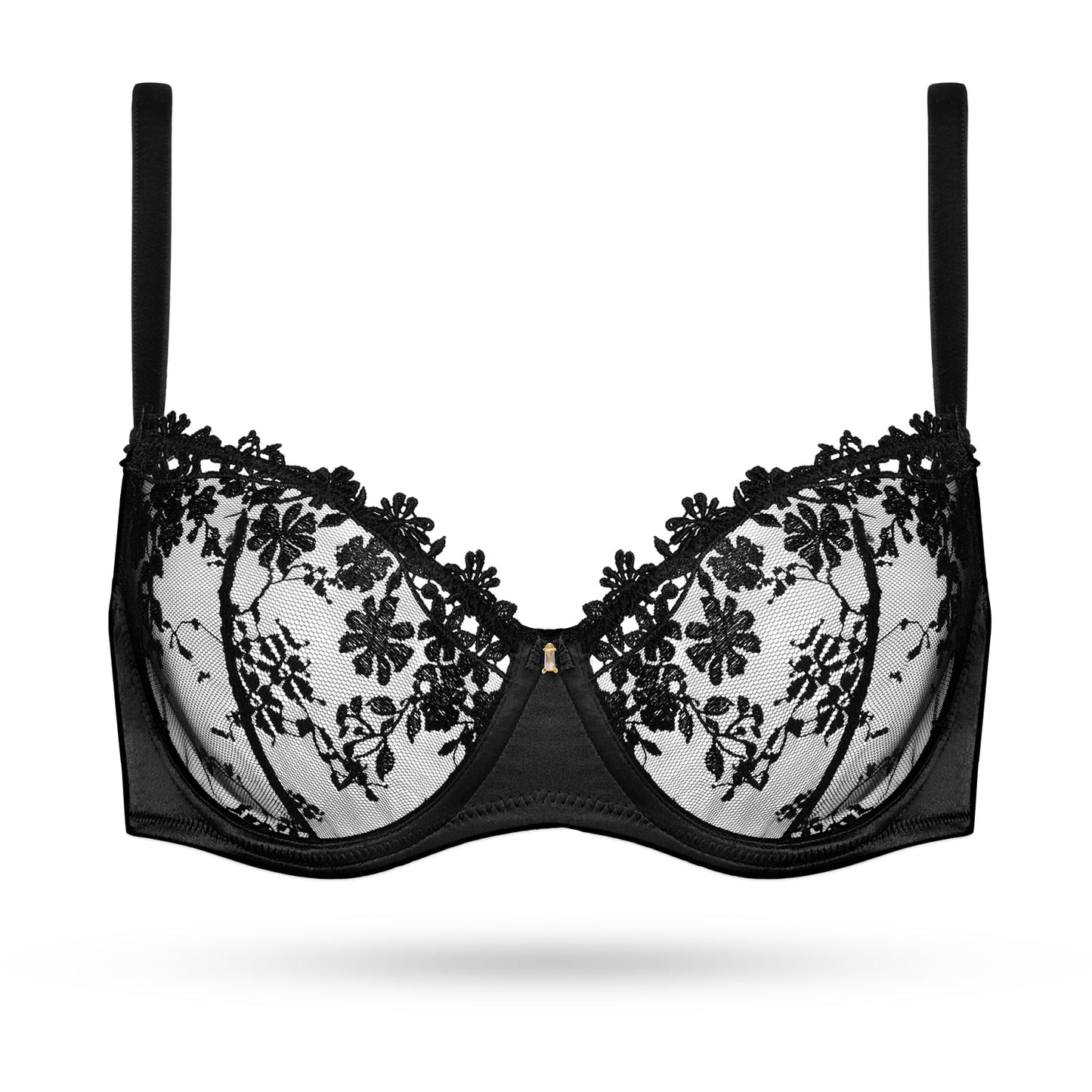 Wingslove Women's Sexy Lace Sheer Bra Demi Mesh Balconette See Through Unlined Underwire with Silicone Nipple,Black