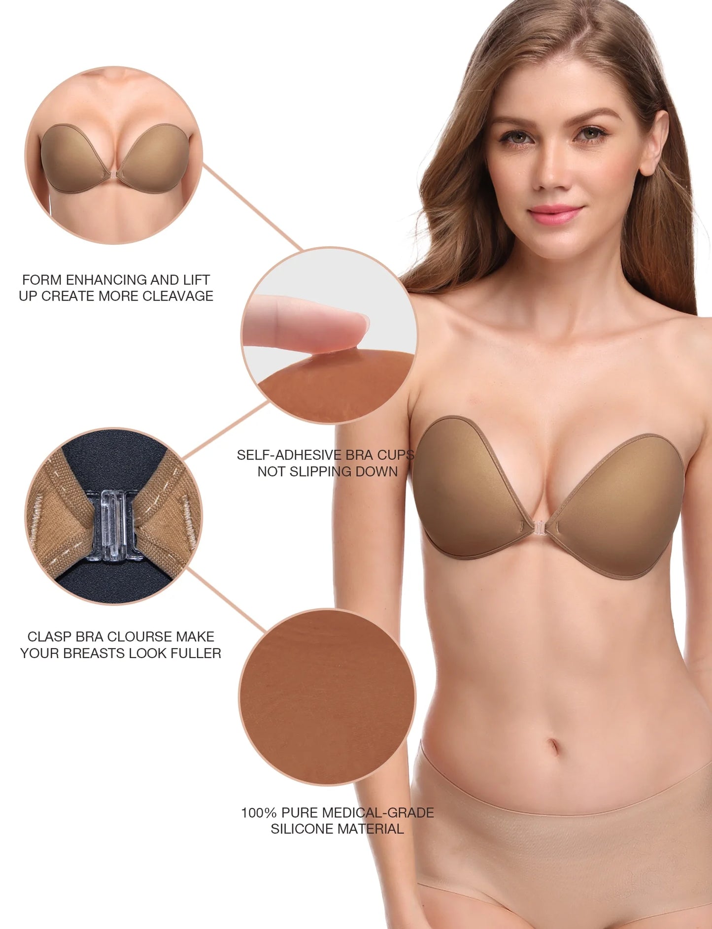 Wingslove Adhesive Bra Reusable Backless Strapless Push-up Silicone Invisible Sticky Bras for Backless Dress,Milk Coffee