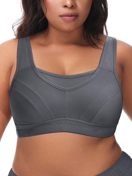 Deyllo Women's Plus Size Sports Bra, High Impact Full Support, Non-Padded Wireless Workout Running Gray Bra