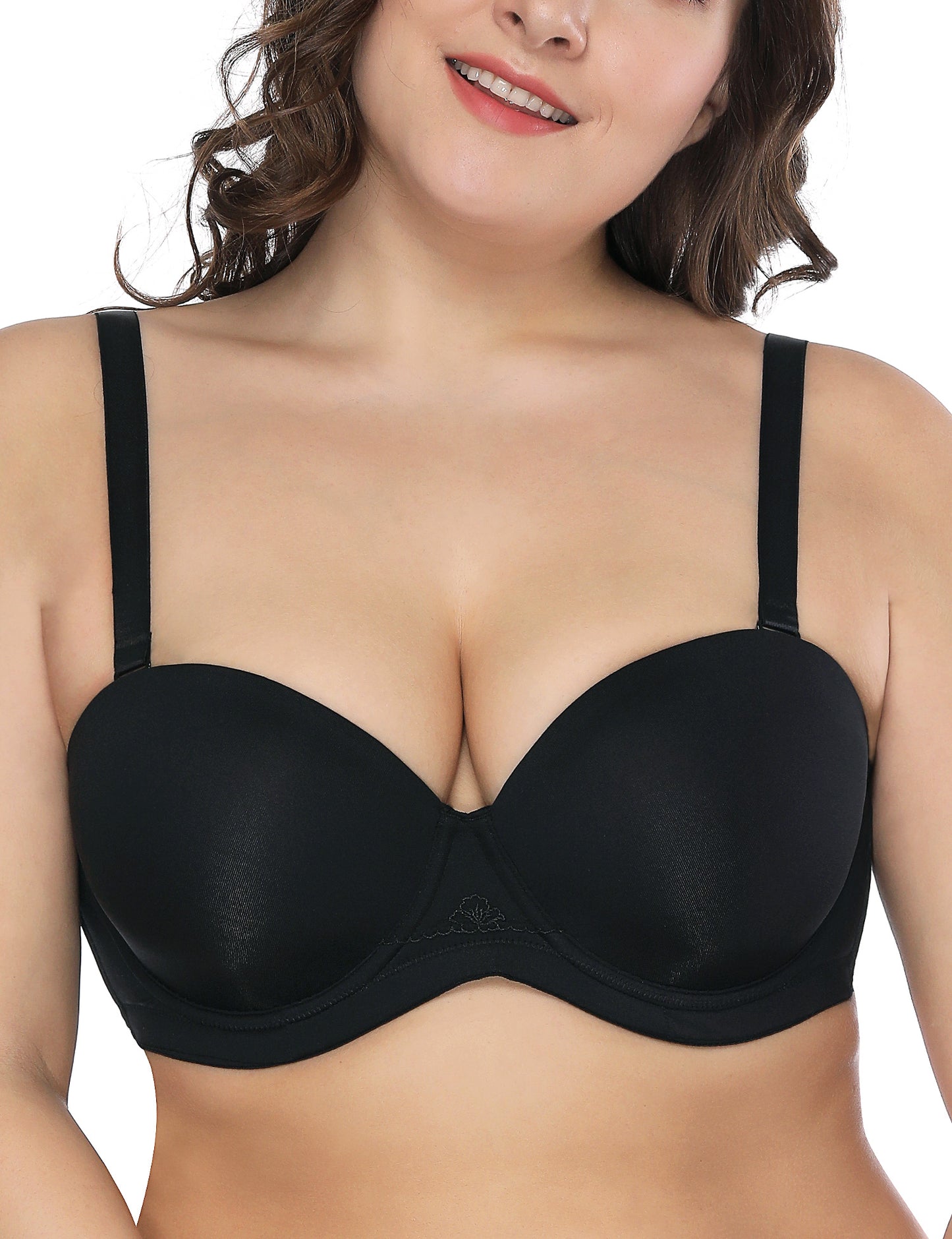 Deyllo Women's Push Up Strapless Bras Full Cup Plus Size Underwire Support Padded Bra Black Bras