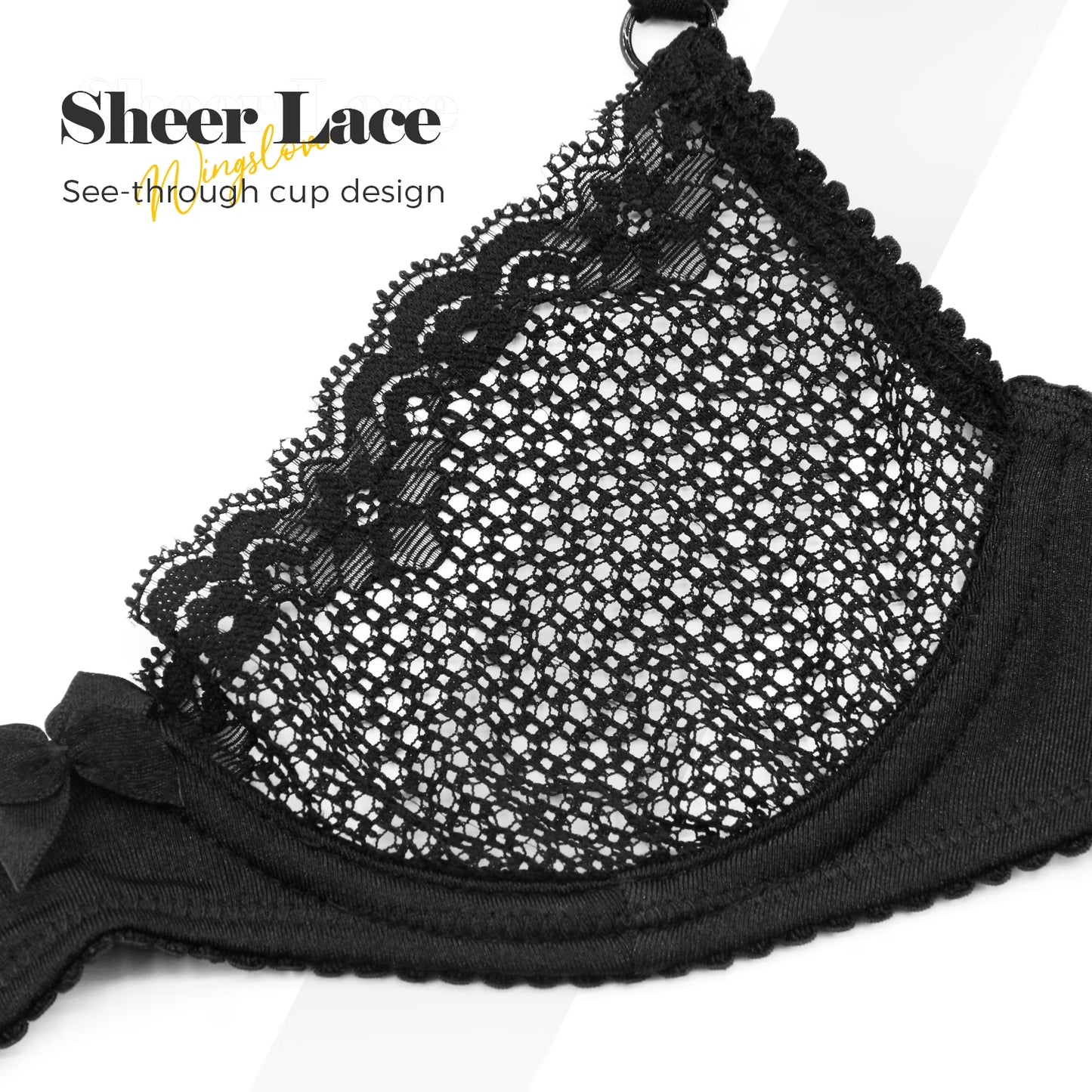 Wingslove Women's Sexy 1/2 Cup Lace Bra Balconette Mesh Underwired Demi Shelf Bra Unlined See Through Bralette,Black