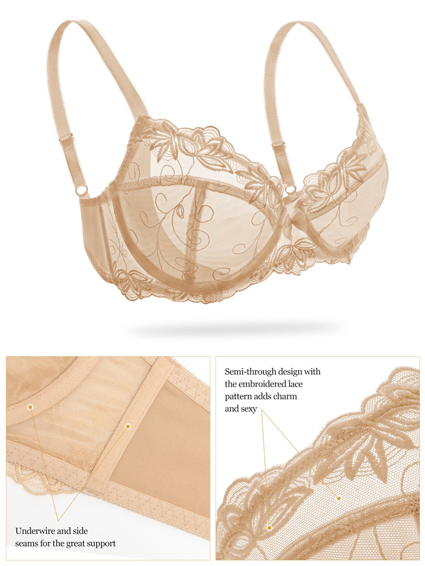 Deyllo Women's Push up Lace Bras Plus Size Unpadded Full Figue Underwire Support Demi See Though Bra, Beige