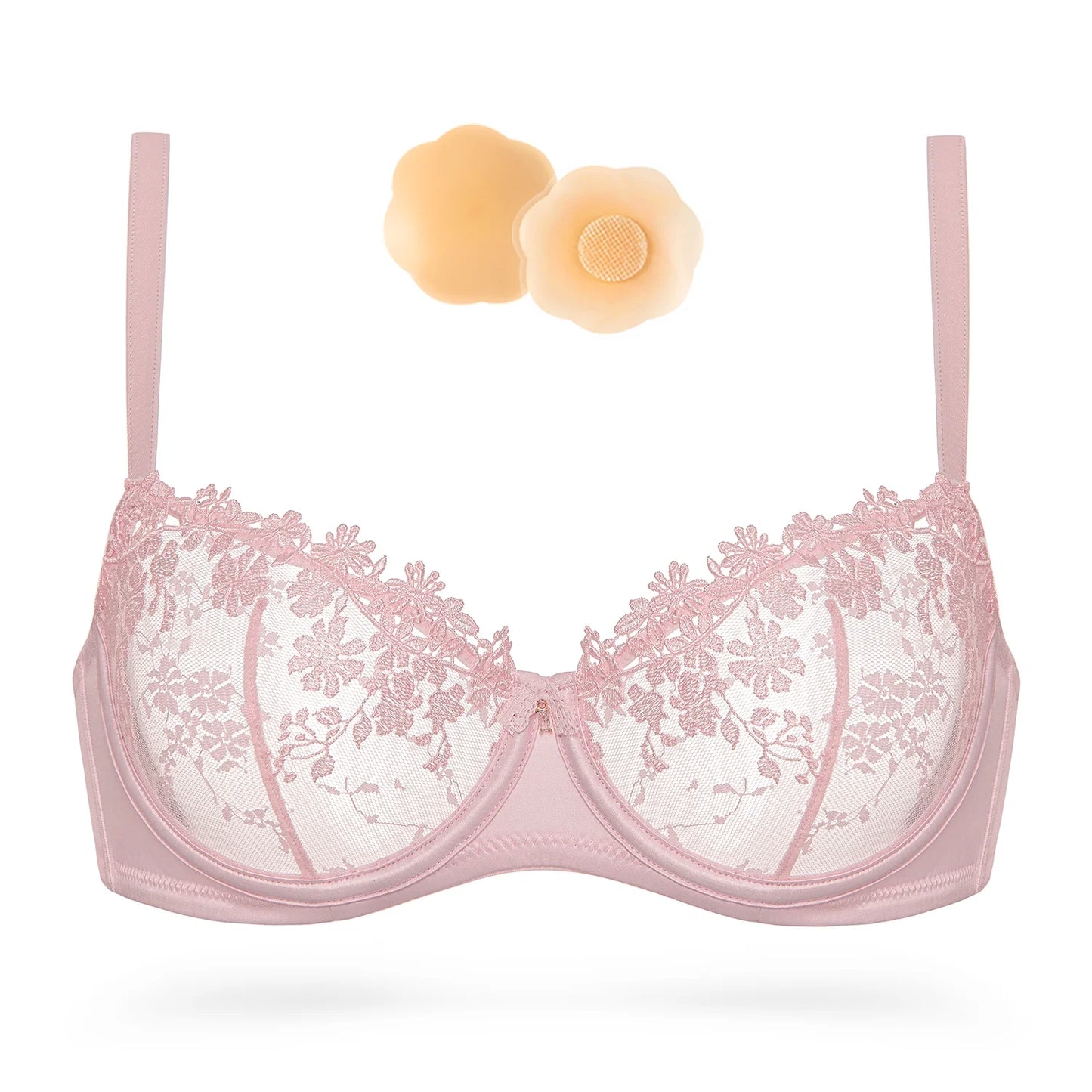 Wingslove Women's Sexy Lace Sheer Bra Demi Mesh Balconette See Through Unlined Underwire with Silicone Nipple, Pink