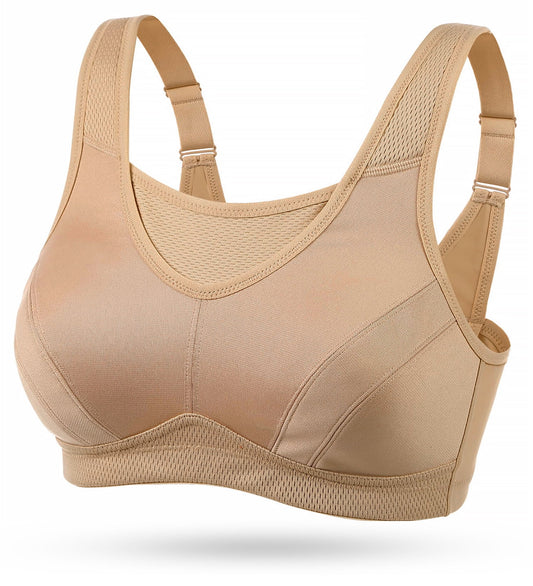 Wingslove Women's Sports Bra Full Coverage Wireless Bra Plus Size High Impact Non Padded Workout Bra,Beige