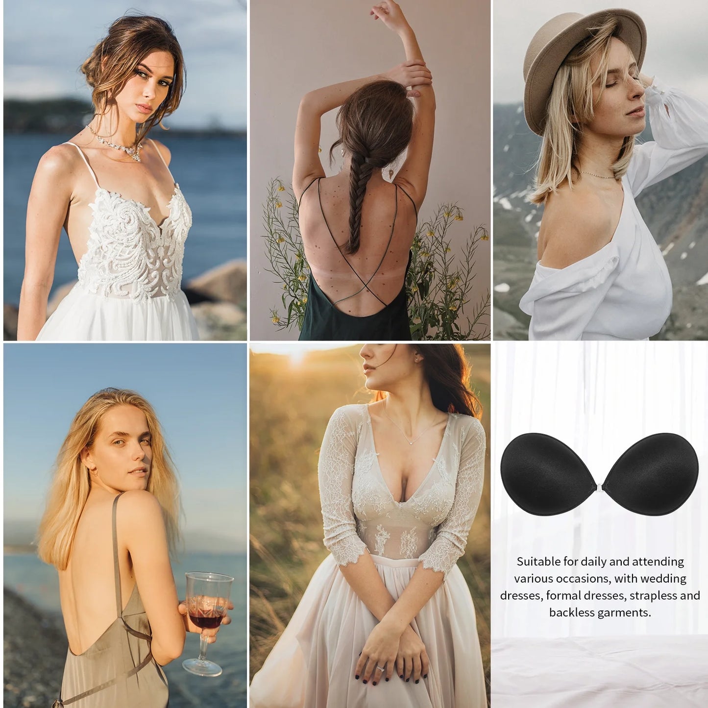 Wingslove Adhesive Bra Reusable Backless Strapless Push-up Silicone Invisible Sticky Bras for Backless Dress,Black