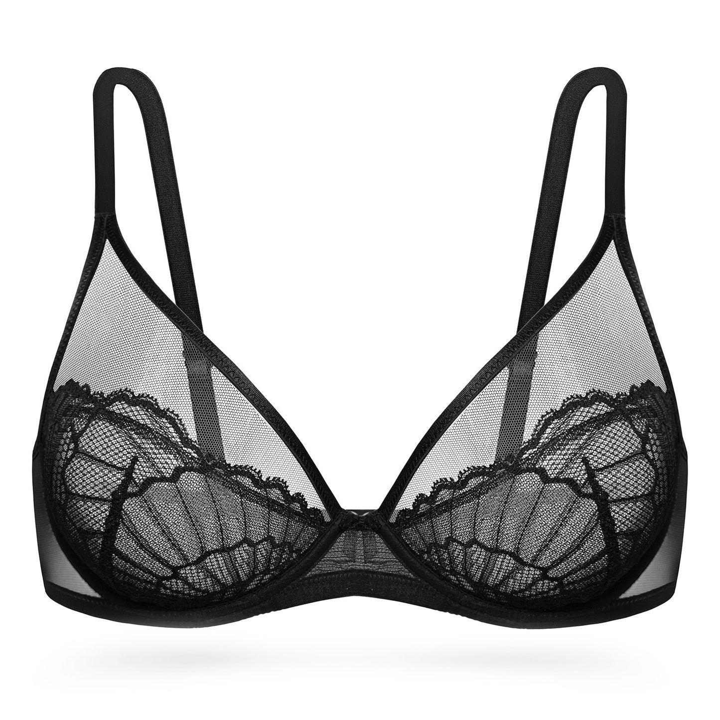 Deyllo Women Lace See-Through Bra Underwire Support Push Up Bras Unlined Non Padded Lightweight Breathable Black Underwear Bras