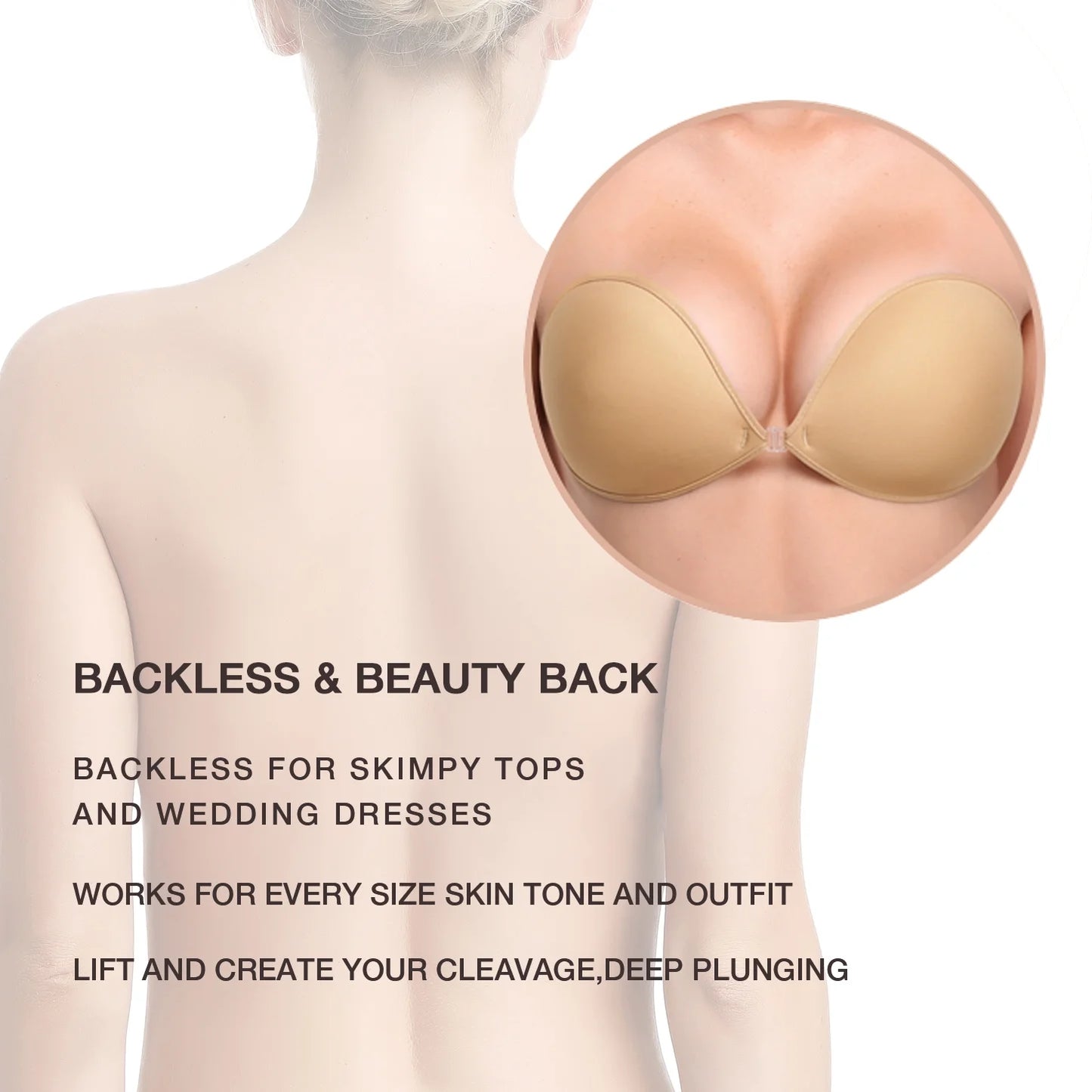 Wingslove Adhesive Bra Reusable Backless Strapless Push-up Silicone Invisible Sticky Bras for Backless Dress,Beige