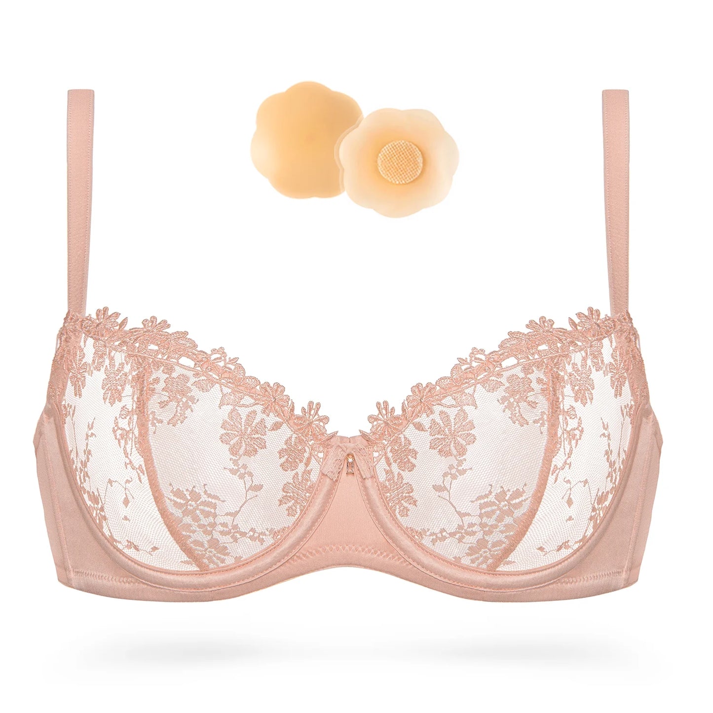Wingslove Women's Sexy Lace Sheer Bra Demi Mesh Balconette See Through Unlined Underwire with Silicone Nipple,Pink Nude