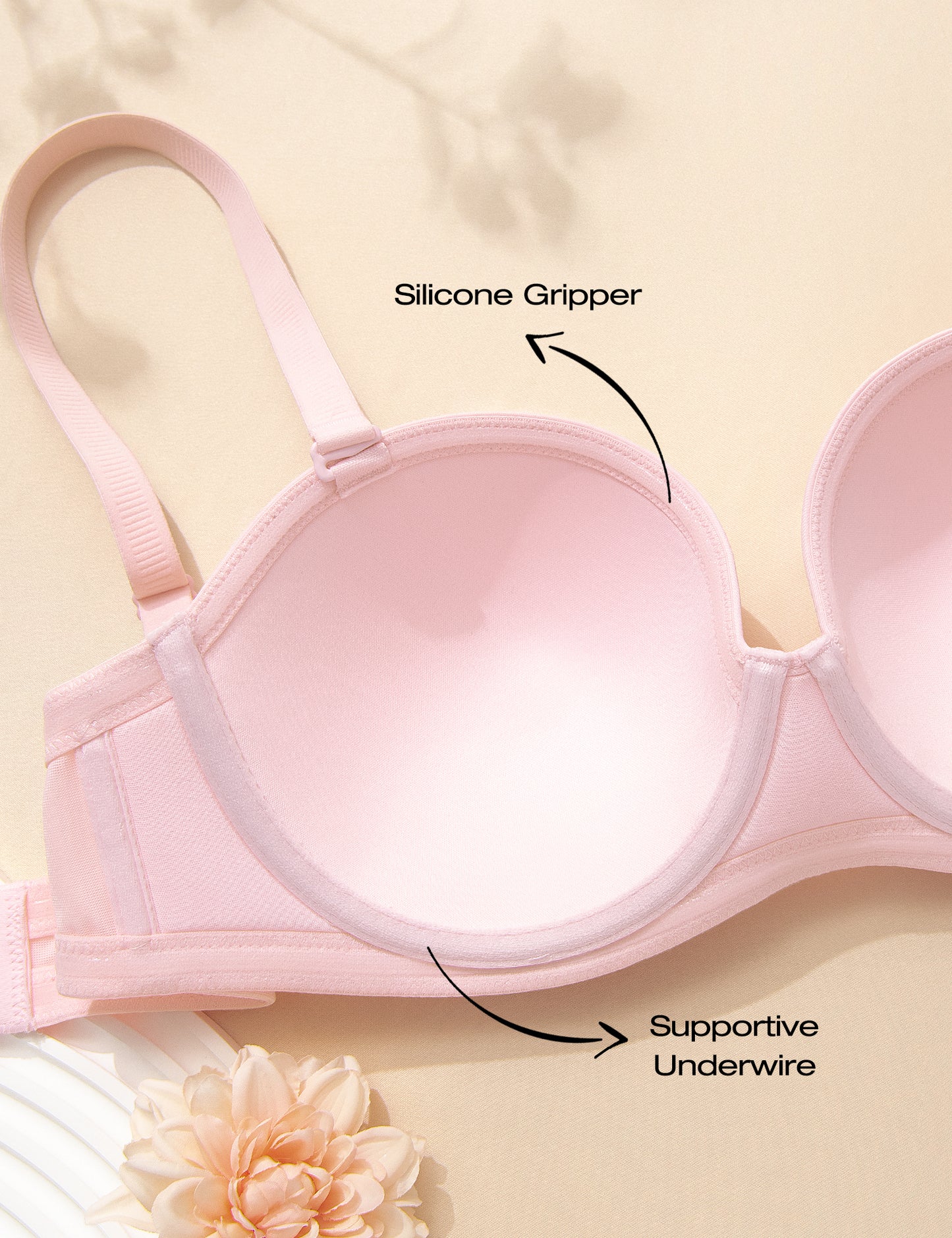 Deyllo Women Pink Strapless Bras Full Cup Push Up Underwire Support Padded Bra