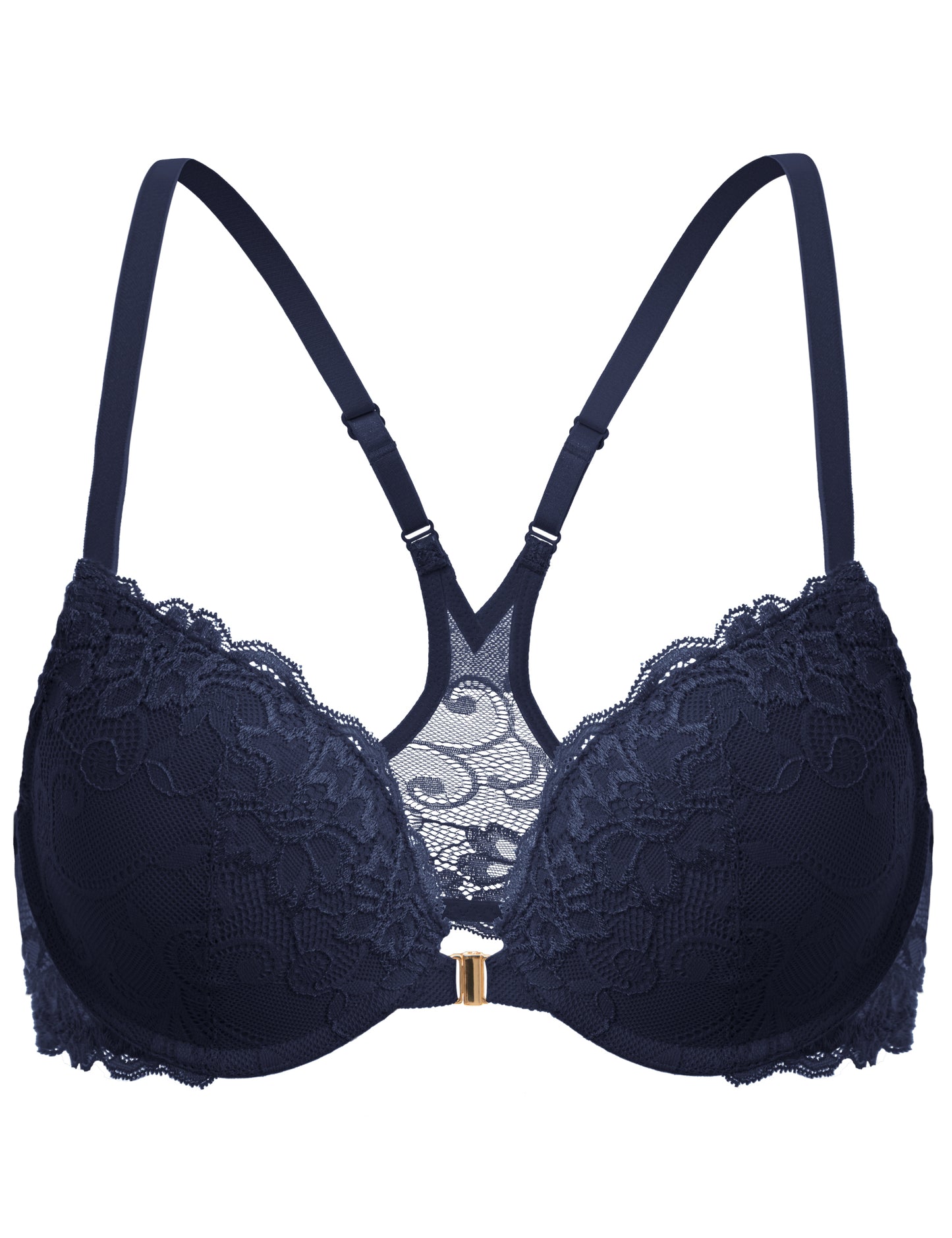 Deyllo Women's Lace Front Clourse Push Up Bra Padded Plunge Underwire Racerback Bra, Blue