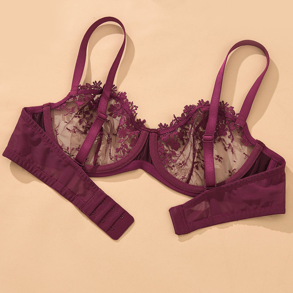 Wingslove Women's Sexy Lace Sheer Bra Demi Mesh Balconette See Through Unlined Underwire with Silicone Nipple,Amaranth Purple