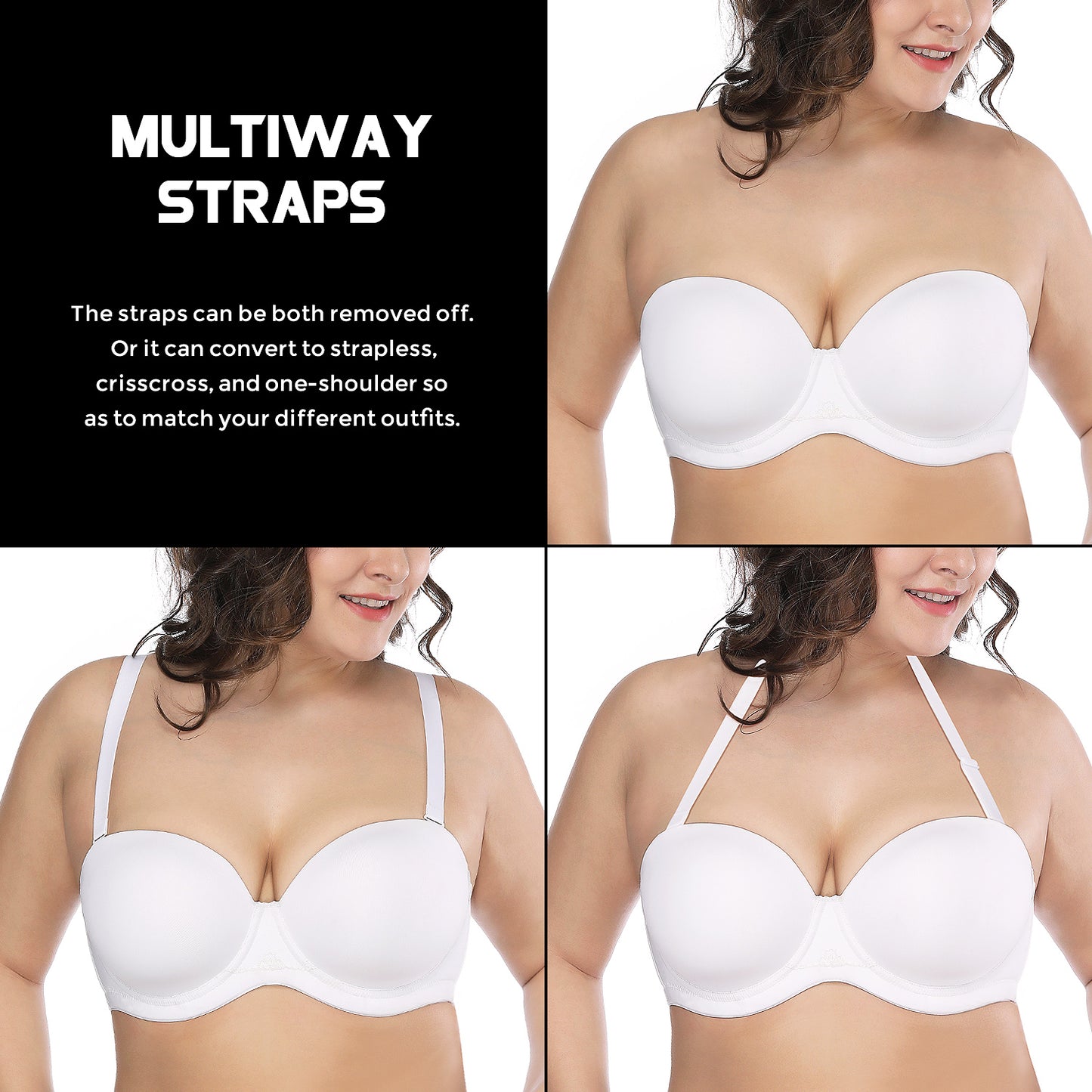 Deyllo Women's Push Up Strapless Bras Full Cup Plus Size Underwire Support Padded Bra White Bras