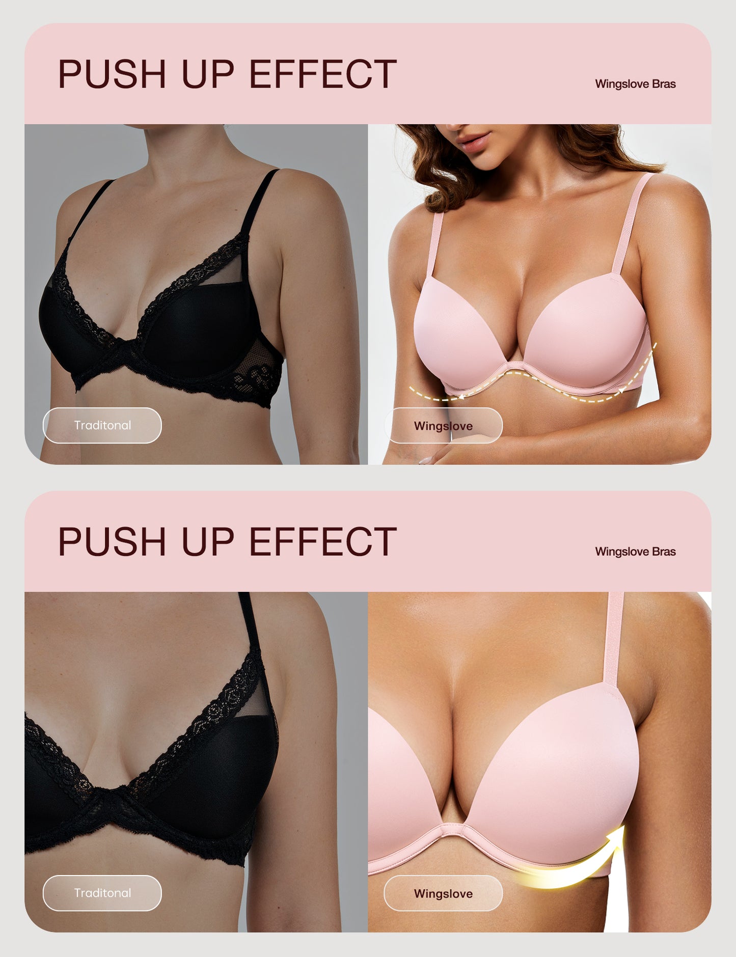 Wingslove Womens Push-up Bra Deep V Plunge Underwire T-Shirt Bra, Light Pink