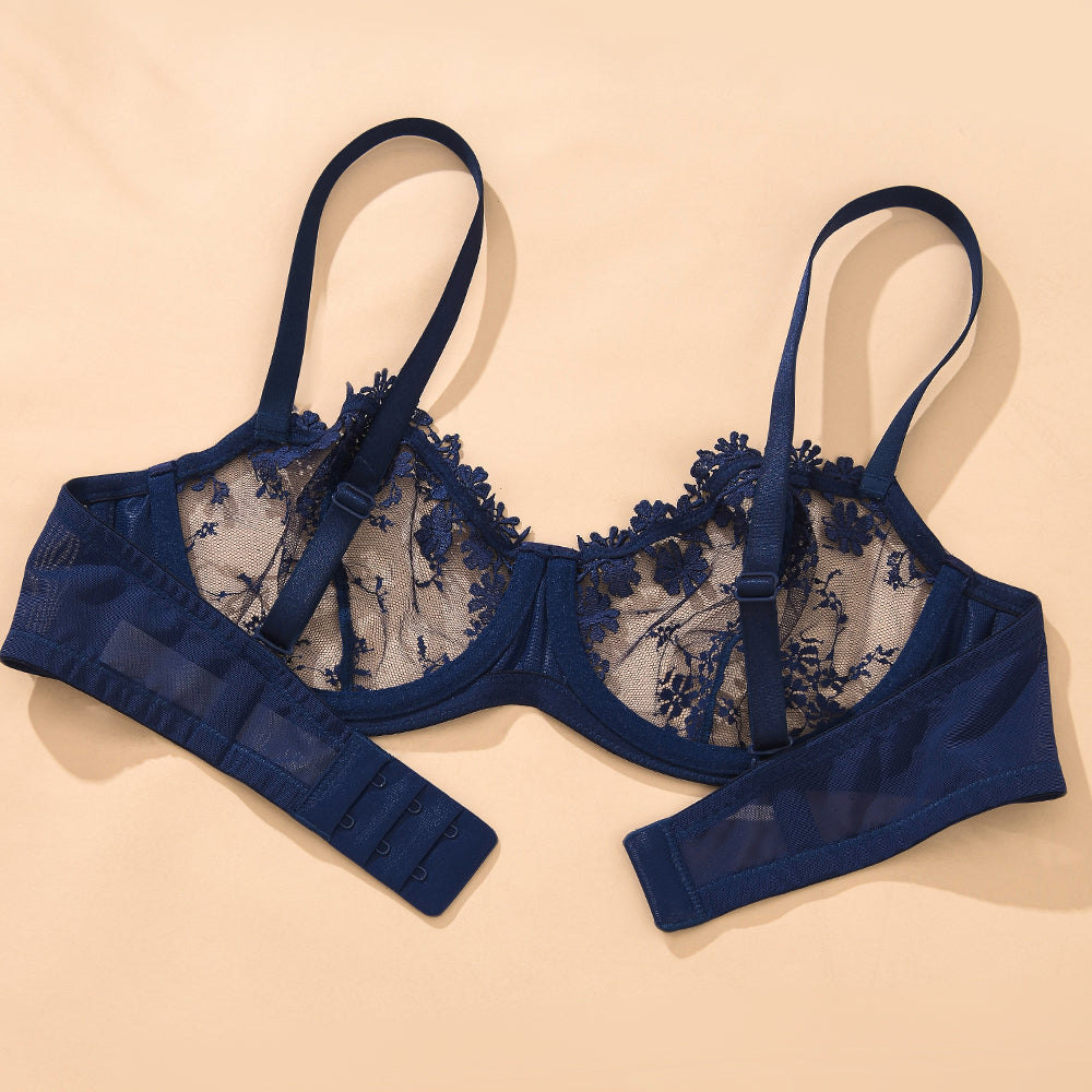 Wingslove Women's Sexy Lace Sheer Bra Demi Mesh Balconette See Through Unlined Underwire with Silicone Nipple,Blue Purple