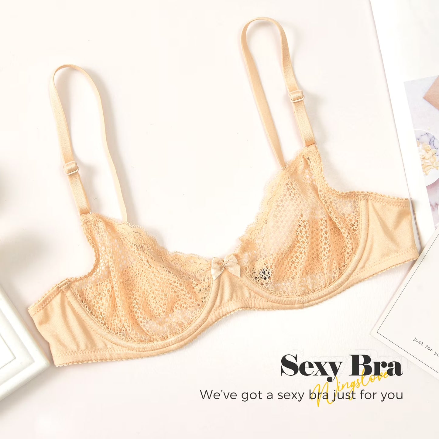 Wingslove Women's Sexy 1/2 Cup Lace Bra Balconette Mesh Underwired Demi Shelf Bra Unlined See Through Bralette,Beige