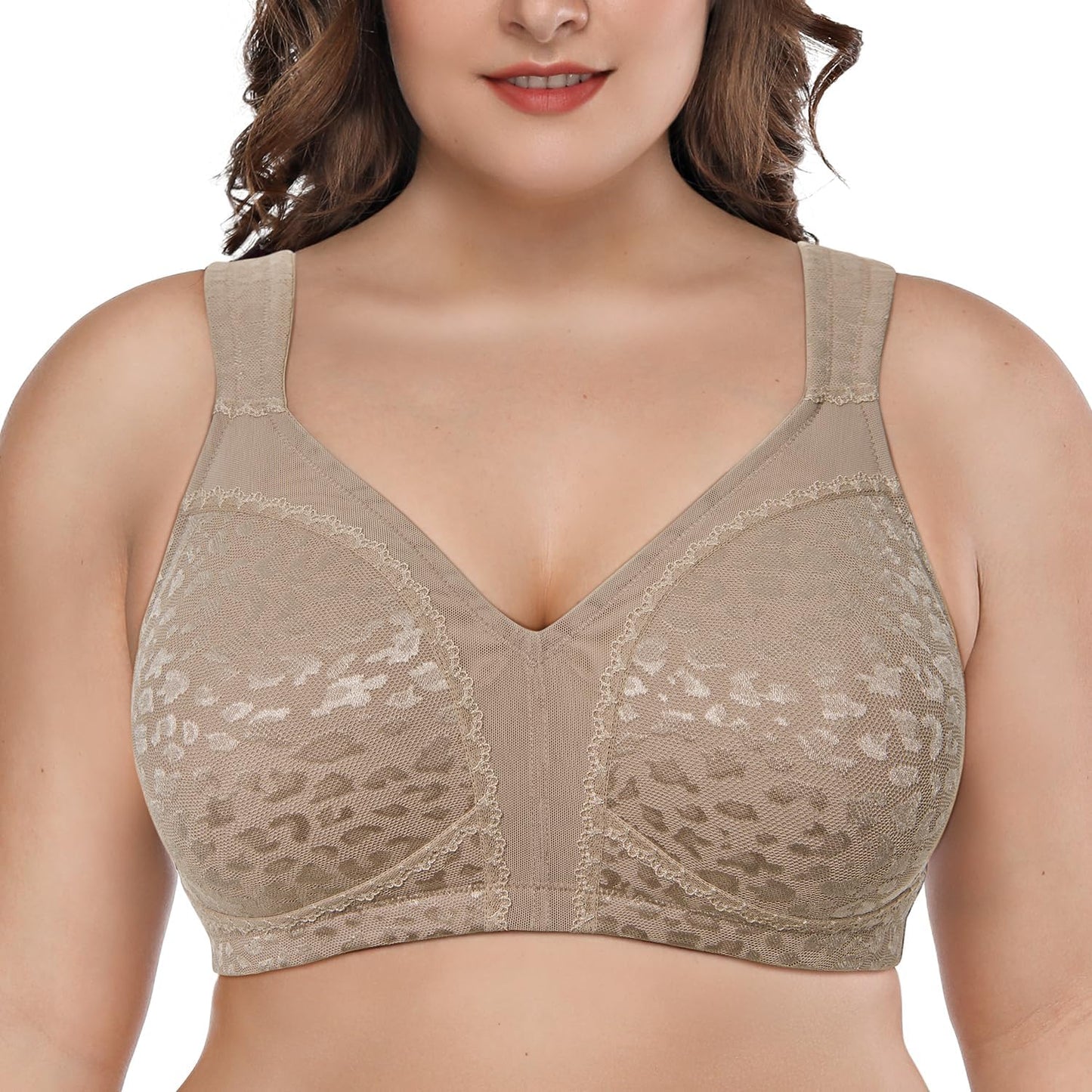 Deyllo Women's Full Coverage Comfort Wire Free Minimizer Support Bra Non Padded Toffee Pattern