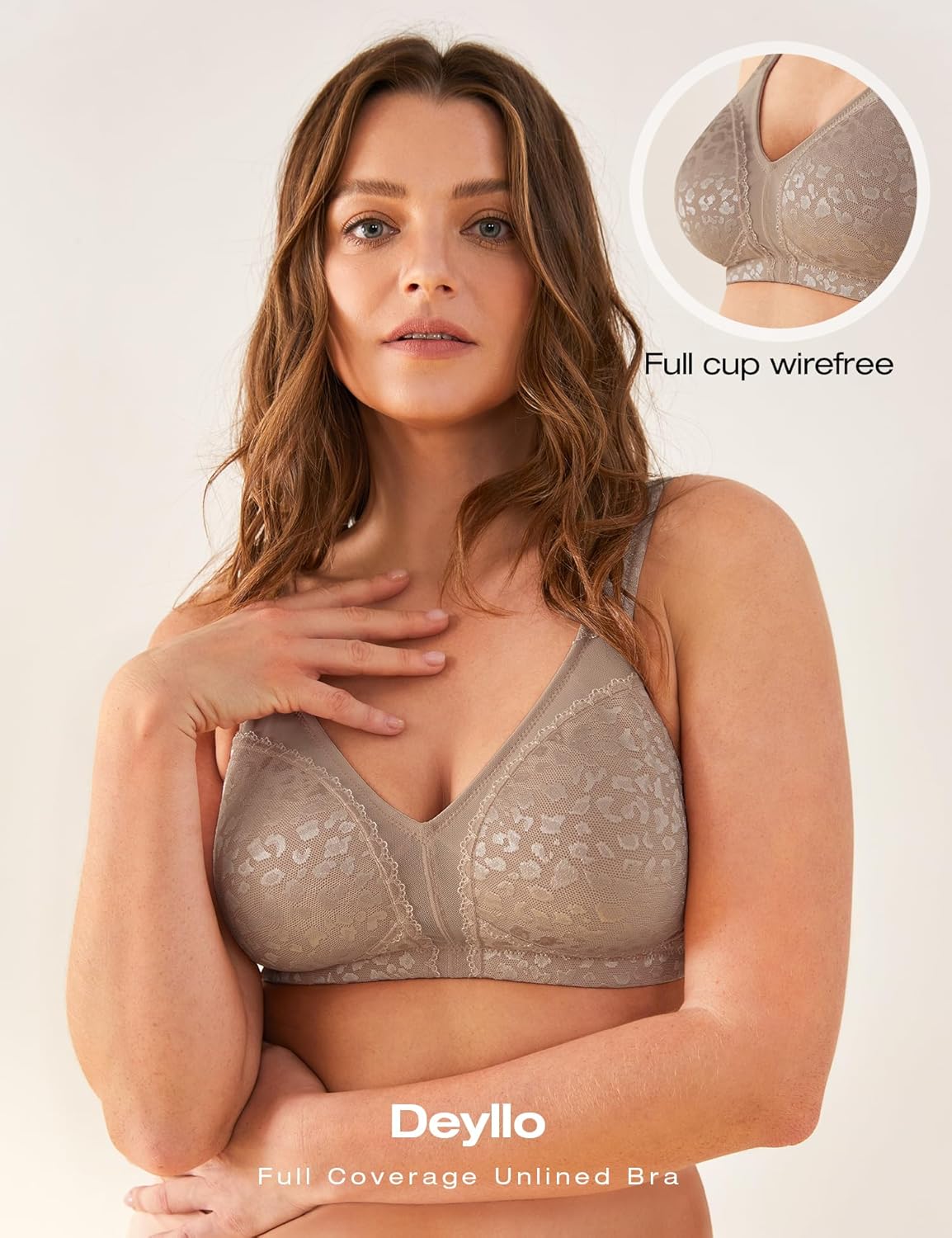 Deyllo Women's Full Coverage Comfort Wire Free Minimizer Support Bra Non Padded Toffee Pattern