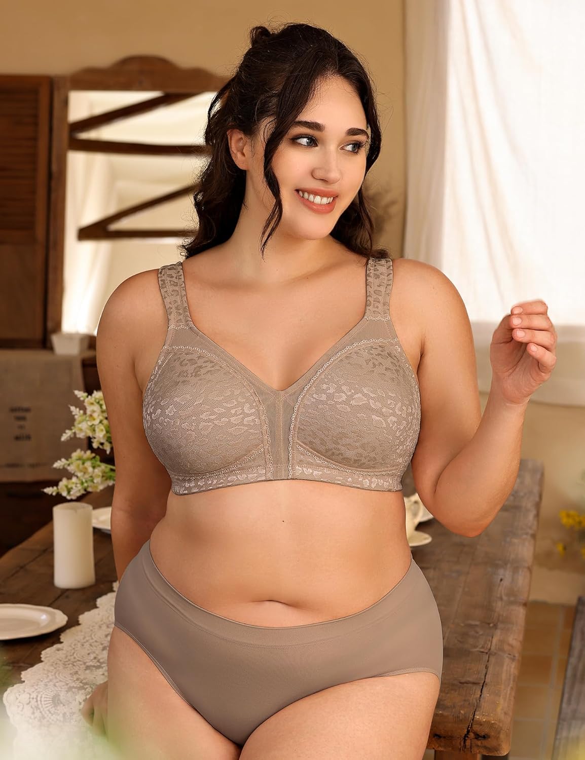 Deyllo Women's Full Coverage Comfort Wire Free Minimizer Support Bra Non Padded Toffee Pattern