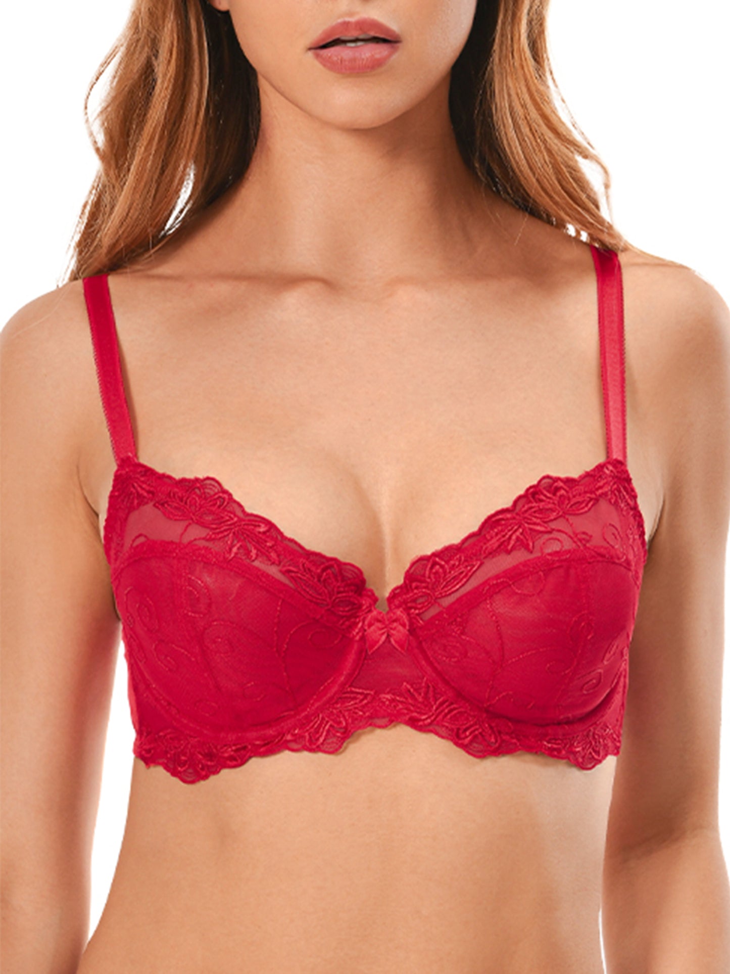 Deyllo Women's Push up Lace Bras Plus Size Unpadded Full Figue Underwire Support Demi See Though Bra,Red