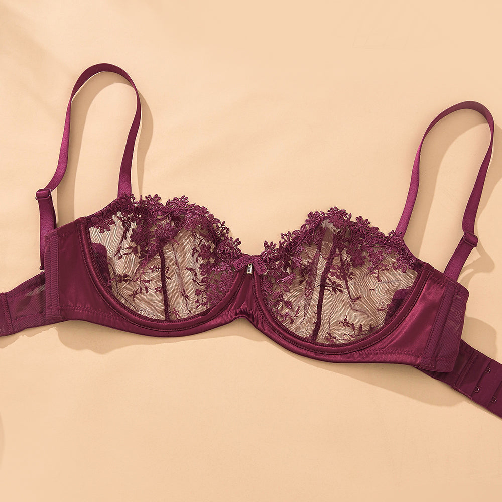 Wingslove Women's Sexy Lace Sheer Bra Demi Mesh Balconette See Through Unlined Underwire with Silicone Nipple,Amaranth Purple