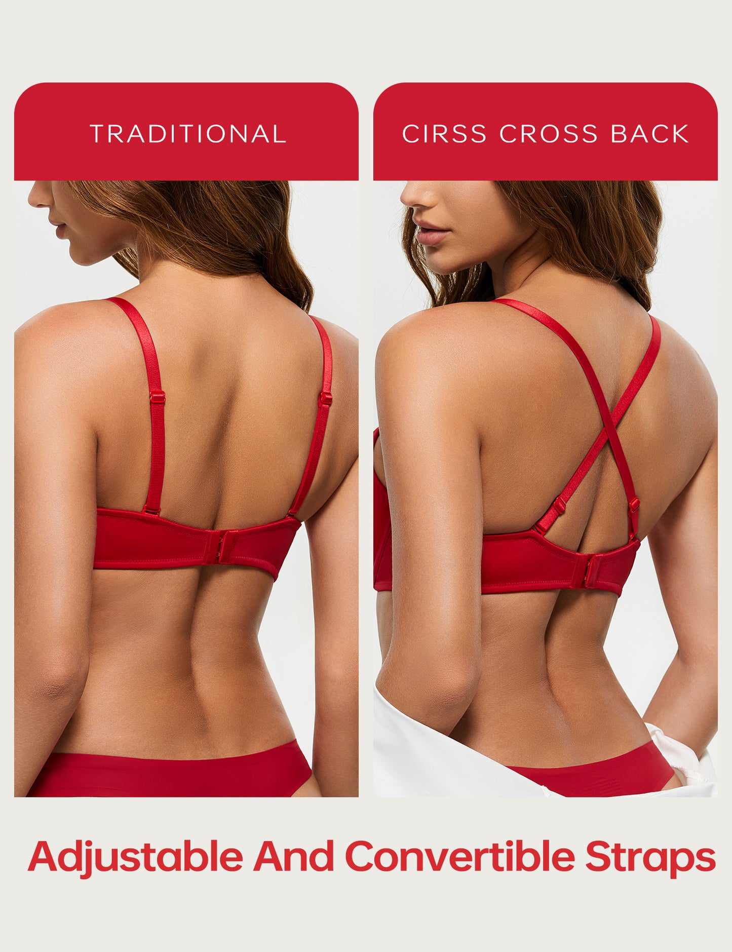 Wingslove Womens Push-up Bra Deep V Plunge Underwire T-Shirt Bra, Red